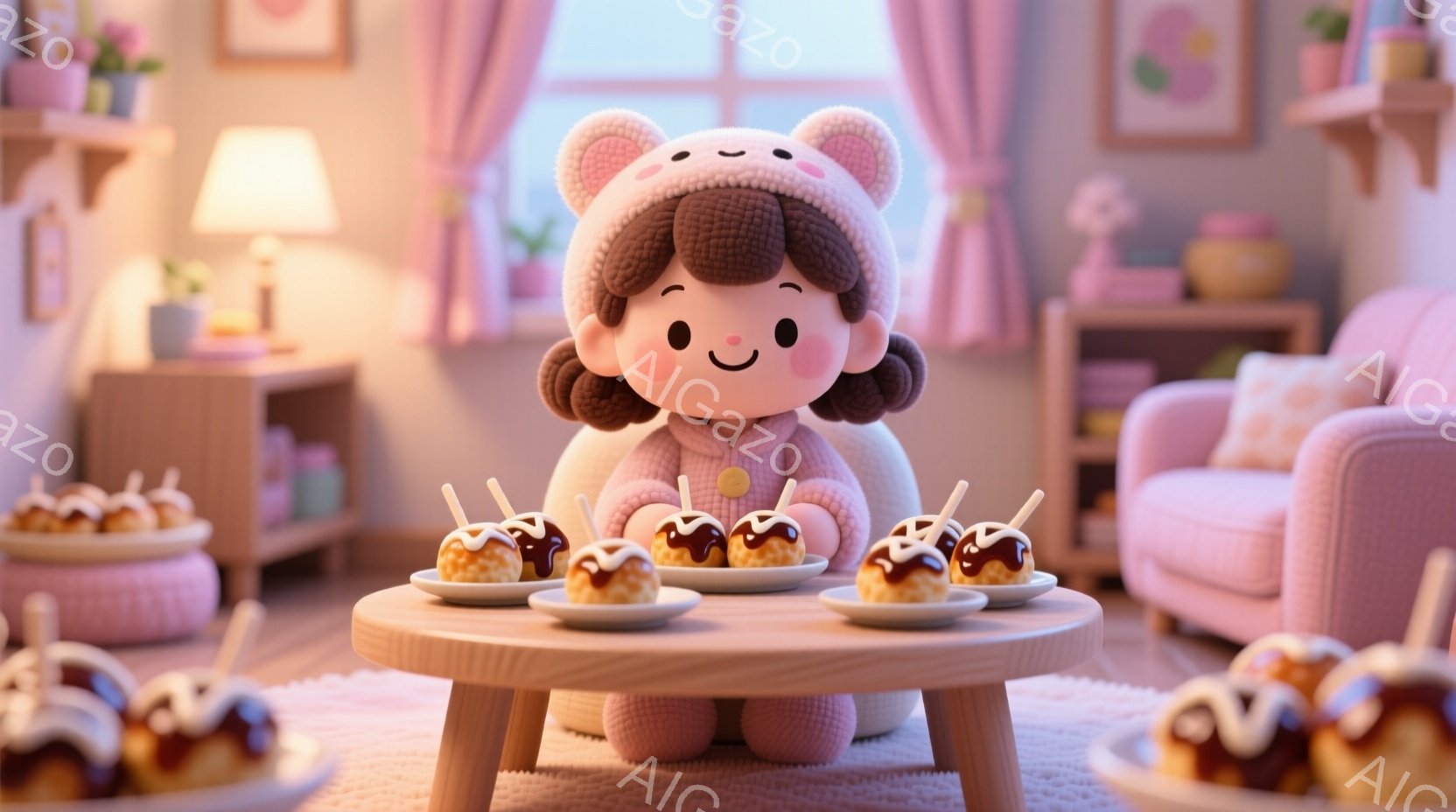 ふわふわのピンク色のセーターと帽子を着用した少女が、小さな丸いテーブルを囲んで、チョコレートソースがかかった団子をいくつか楽しんでいます。彼女は幸せそうな表情で、丸い頬と可愛らしいヘアスタイルが特徴で - AI生成フリー素材