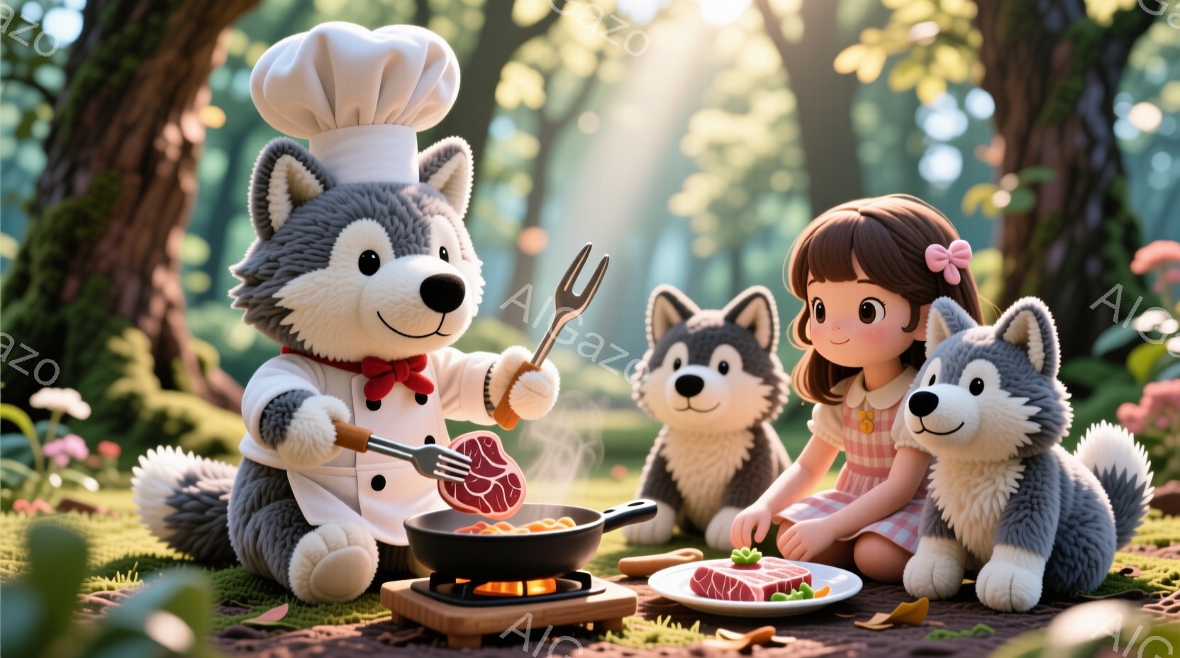 料理人の帽子をかぶった柴犬が、フライパンでステーキを焼いている様子が描かれています。ピンクのリボンで髪を結んだ少女と、もう一匹の柴犬が、焼けたステーキを盛り付けられた皿を見つめています。背景は緑豊かな森林で、暖かく穏やかな雰囲気が漂っています。