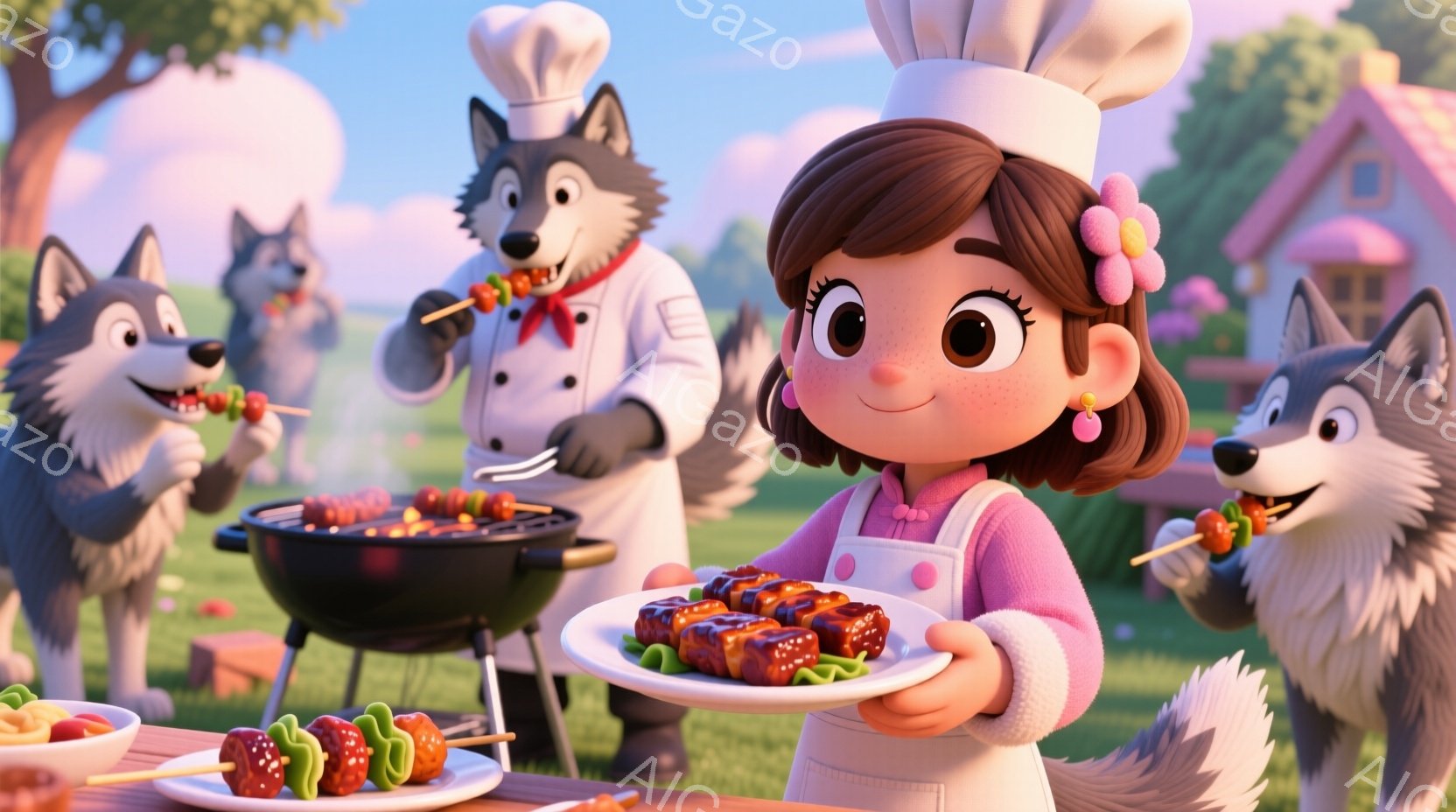 少女は、ピンク色のセーターとエプロンを着て、髪をカールさせて花飾りをつけています。彼女は笑顔で、焼き肉の乗った皿を正面に向けて持って、見せるようにしています。背景には、シェフの帽子を被った狼たちが肉を串に刺して焼いており、緑豊かな庭と可愛らしい家が見え、晴天で温かい雰囲気です。
