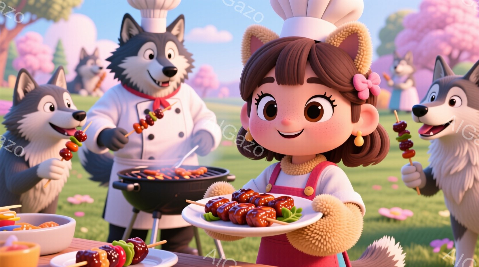 可愛らしい少女が、串に刺された焼き鳥を乗せた皿を正面に見せています。彼女は茶色の巻き毛にピンクのリボンをつけ、エプロンを身につけており、笑顔で明るい表情をしています。背景には桜の木が咲き誇り、複数のオオカミのキャラクターがコック帽をかぶり、バーベキューを楽しんでいる、春の陽気なピクニックの様子が描かれています。
