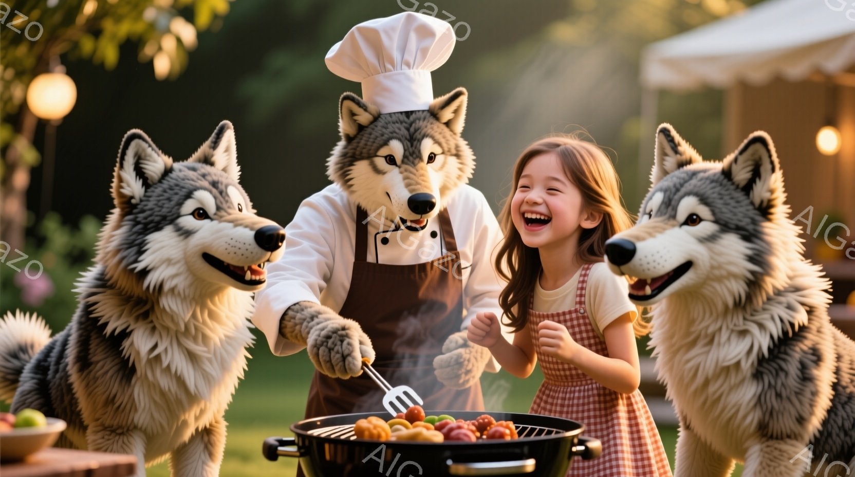 少女は、バーベキューグリルを囲む2匹の狼の着ぐるみを着た人々に囲まれて、楽しそうに笑っています。彼女はチェック柄のワンピースを着ており、着ぐるみを着た人々はそれぞれ料理のトングを持っており、グリルには色とりどりの野菜が並んでいます。背景には緑豊かな庭園、木々、そして暖かく晴れた日の穏やかな光が広がっており、楽しいバーベキューパーティーの雰囲気が漂っています。