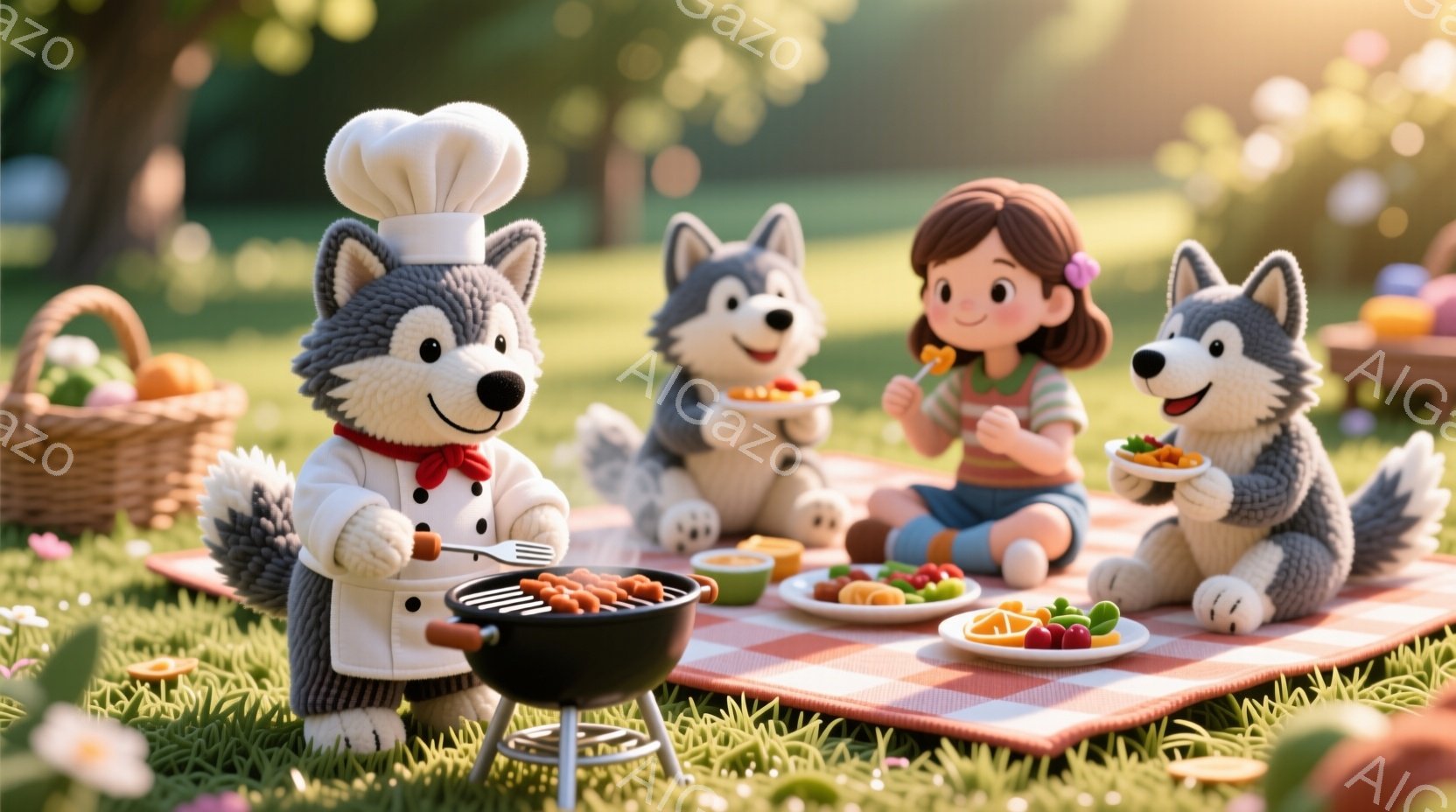 鮮やかな緑の芝生の上で、料理帽をかぶった狼のキャラクターがバーベキューを楽しんでいます。少女は座って微笑み、プレートに盛られた食べ物を味わっており、他の2匹の狼も同様に食事を楽しんでいます。背景には花が咲き乱れ、明るく暖かく、陽気なピクニックの雰囲気です。