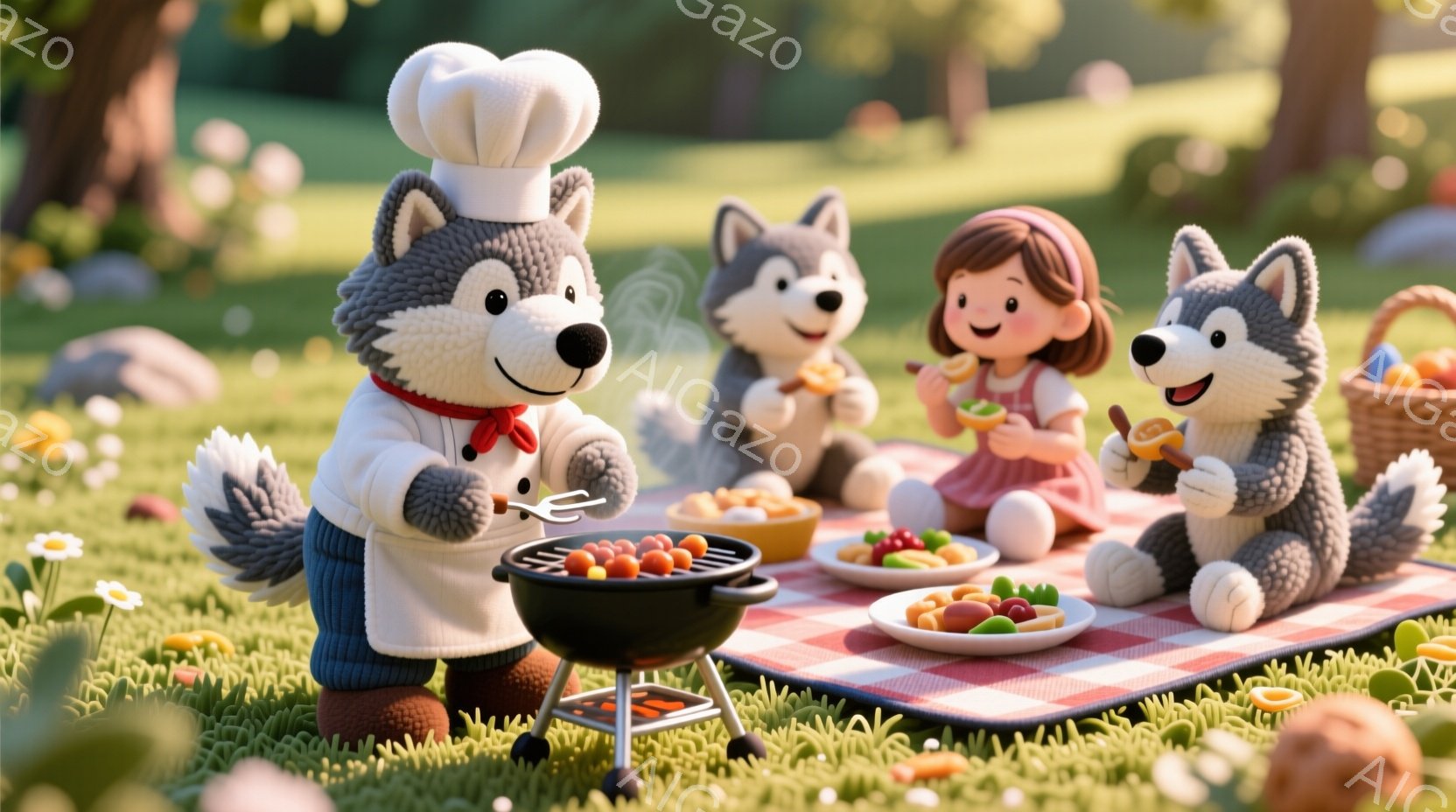 緑豊かな草原で、シェフの帽子と赤いリボンをつけたオスの狼がバーベキューの準備をしています。少女は赤い髪を三つ編みにし、笑顔でバーベキューを楽しんでいます。背景にはピクニックシートが敷かれ、食料が並び、他の狼もバーベキューを楽しんでいます。