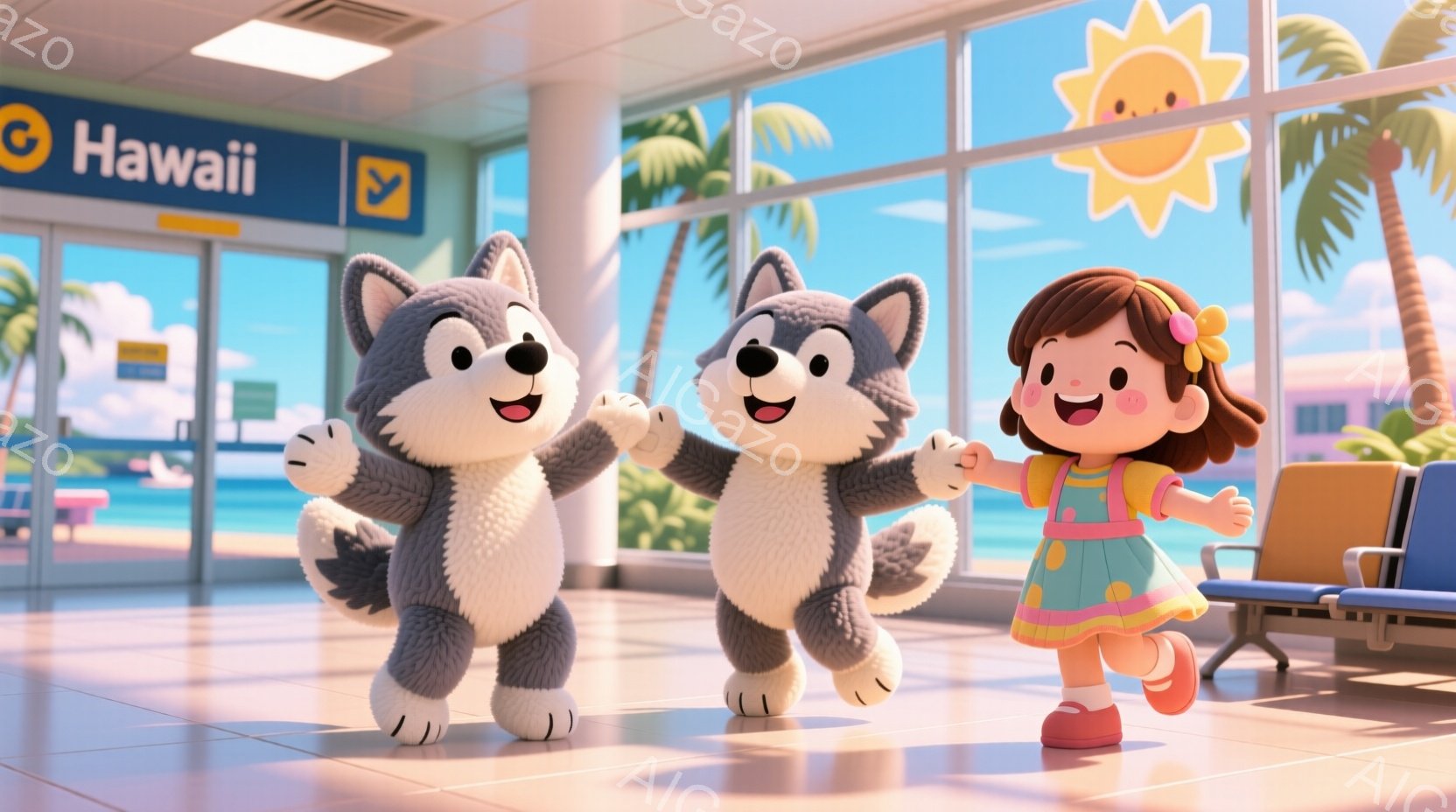 ハワイ空港のターミナル内にいる、2匹の愛らしい犬のキャラクターと、ピンク色のドレスを着た少女が写っています。犬たちは笑顔で立ち、少女は両手を広げて喜びを表しています。背景にはヤシの木が生い茂り、明るい - AI生成フリー素材