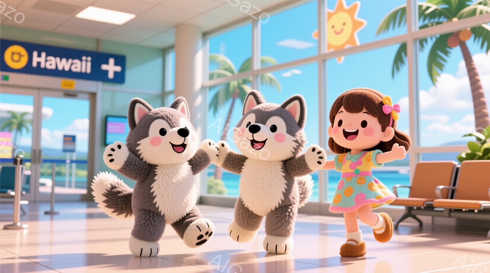 ハワイの空港の内部が描かれており、明るい日差しが差し込んでいます。少女はピンク色の髪をポニーテールにし、黄色の花柄のワンピースを着て、両手を上げて喜んで走っています。二匹の灰色の犬のキャラクターも両手 - AI生成フリー素材