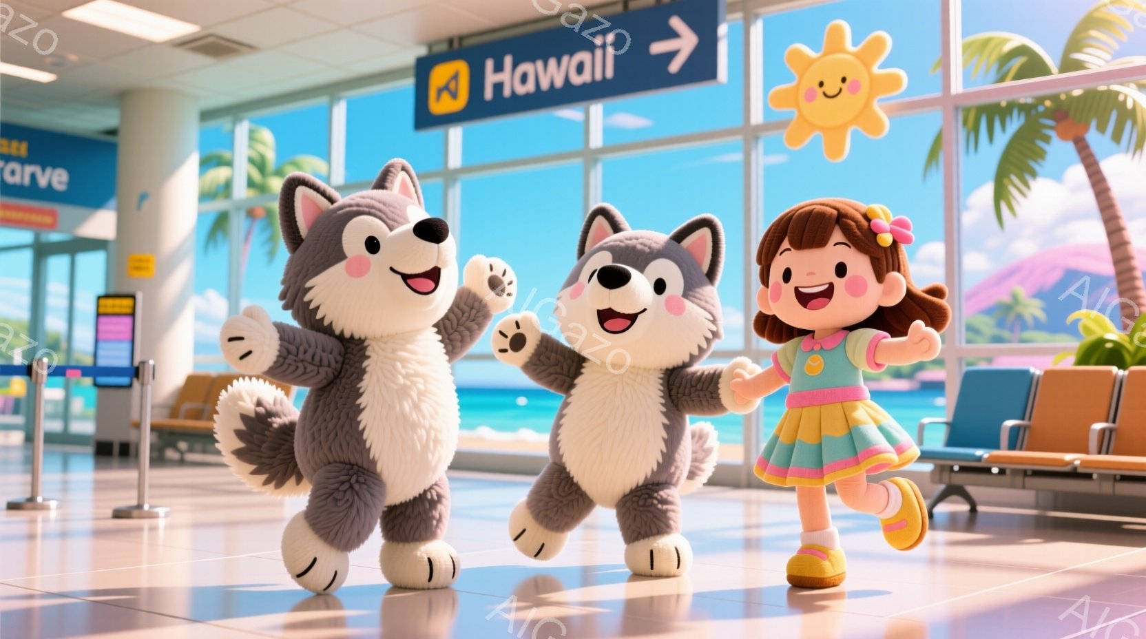 明るい空港の待合室で、ふわふわの灰色と白の狼のキャラクターと、オレンジ色のワンピースを着た、茶色の髪をポニーテールにした少女が両手を広げて立っています。背景には、ヤシの木が描かれた「ハワイ」の標識と、青い空と緑の植物が見え、温かく楽しい雰囲気です。キャラクターたちは笑顔で、まるで休暇を楽しみにしているかのような活気に満ちたポーズをとっています。