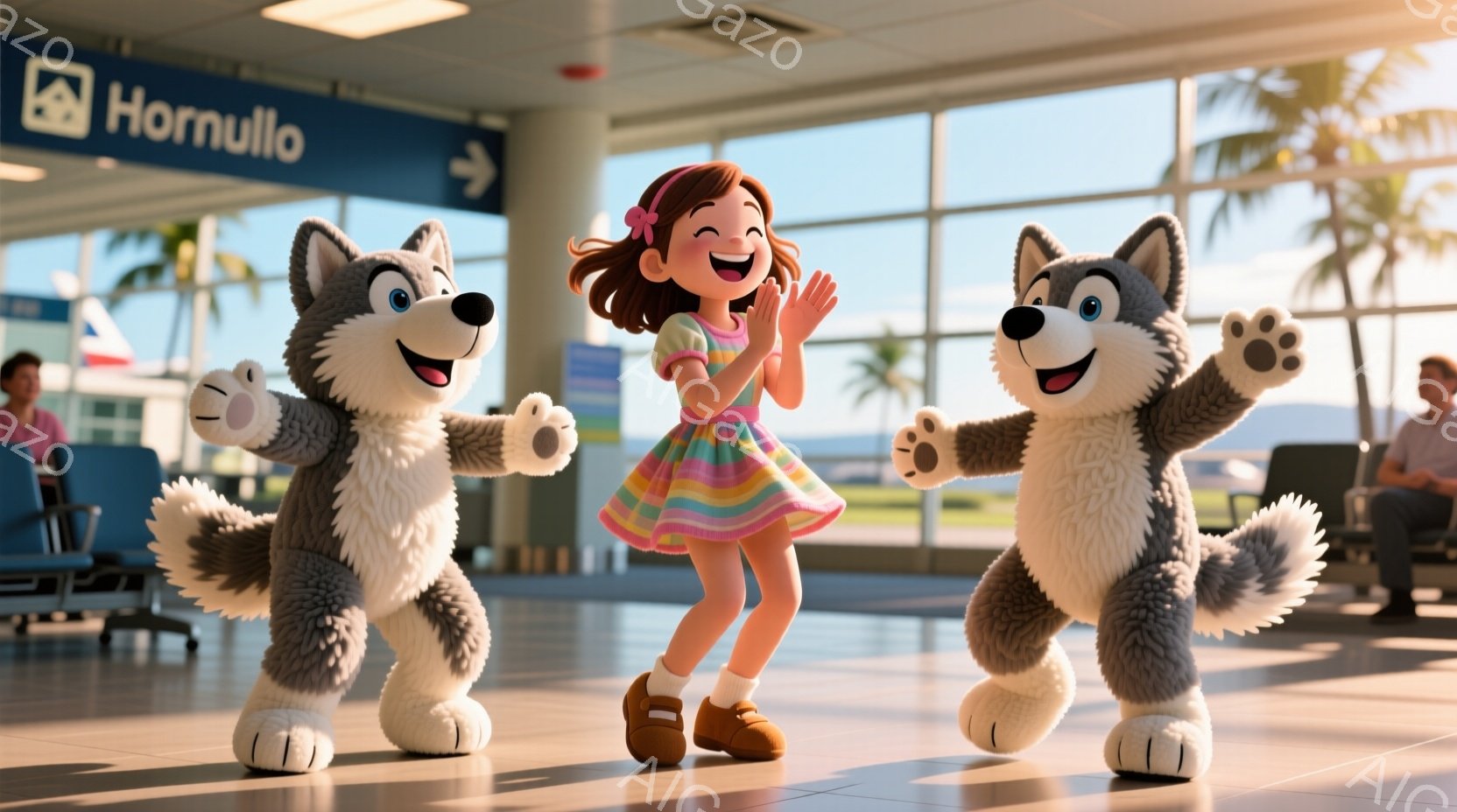 明るい室内で、灰色の狼の着ぐるみを着たキャラクター２体と、ピンク色のワンピースを着た少女が写っています。少女は両手を挙げて喜び、狼たちは両手を広げて彼女を歓迎しているようです。背景は空港の内部で、青い空とヤシの木が見え、全体的に陽気で楽しい雰囲気が漂っています。