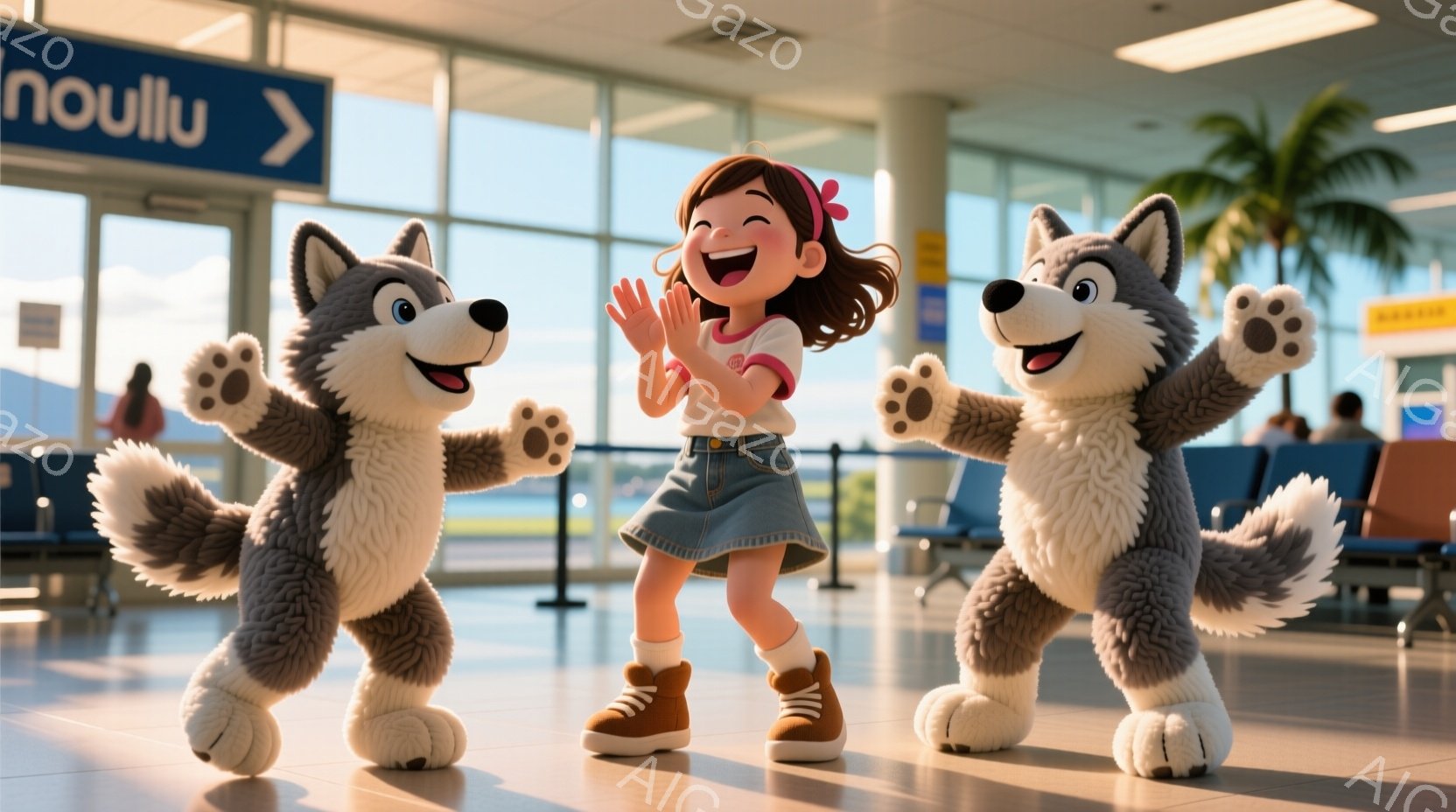 茶髪の少女が両手を高く上げて喜び、両脇には灰色の狼の着ぐるみが立っています。少女はデニムのスカートとオレンジ色のスニーカーを履いており、狼たちは片手を上げて少女と一緒にお祝いしているようです。背景は空港のターミナルで、窓からヤシの木が見え、晴れた空が広がっています。