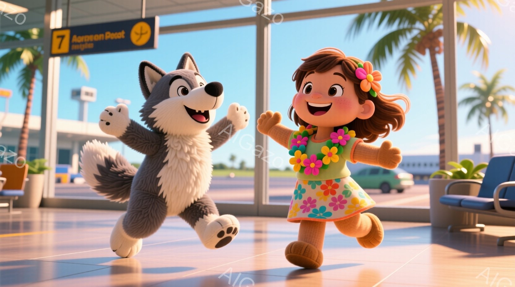 少女は明るい緑色のワンピースに花柄が描かれ、首には鮮やかな花輪をかけている。彼女は両手を広げ、笑顔で跳ねるように歩いており、茶色の巻き毛が揺れている。背景は空港の待合室で、青い椅子や緑の植物があり、窓の外にはヤシの木が見え、晴天の空が広がっている。