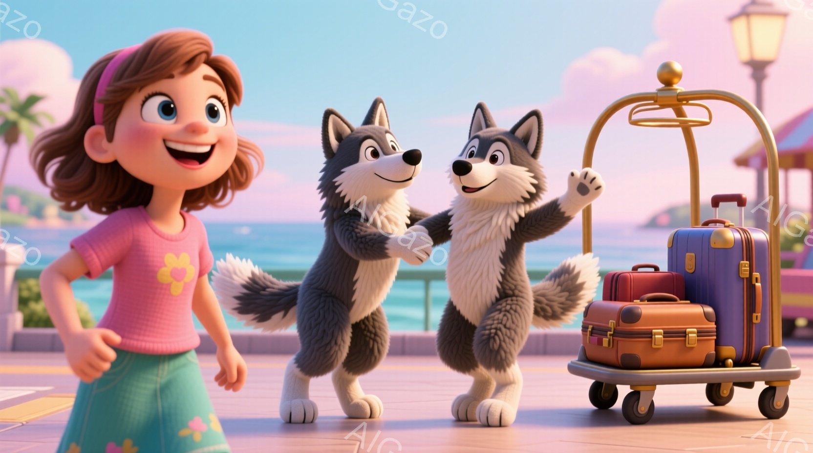 少女はピンク色のシャツに花柄のスカート、髪は茶色で前髪があり、ピンク色のヘアバンドをつけています。彼女は笑顔で、左手を前に伸ばして歩いているように見えます。背景には海と建物が見え、晴れた空とヤシの木があり、手荷物用の台車とスーツケースが並んでいます。