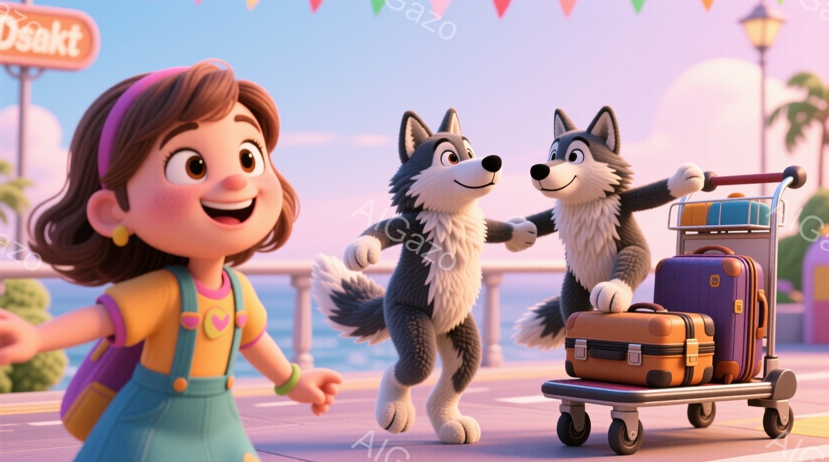 明るい茶髪の巻き毛の少女は、ピンクのトップスに黄色いサスペンダー、そしてリュックサックを身に着けており、嬉しそうに笑顔を見せています。彼女の隣では、灰色の毛並みの狼が二足歩行で走り、明るい青色のスーツケースを引いています。背景には、ヤシの木や建物が見え、空はピンクと青のグラデーションで彩られ、全体的に暖かく楽しい雰囲気です。