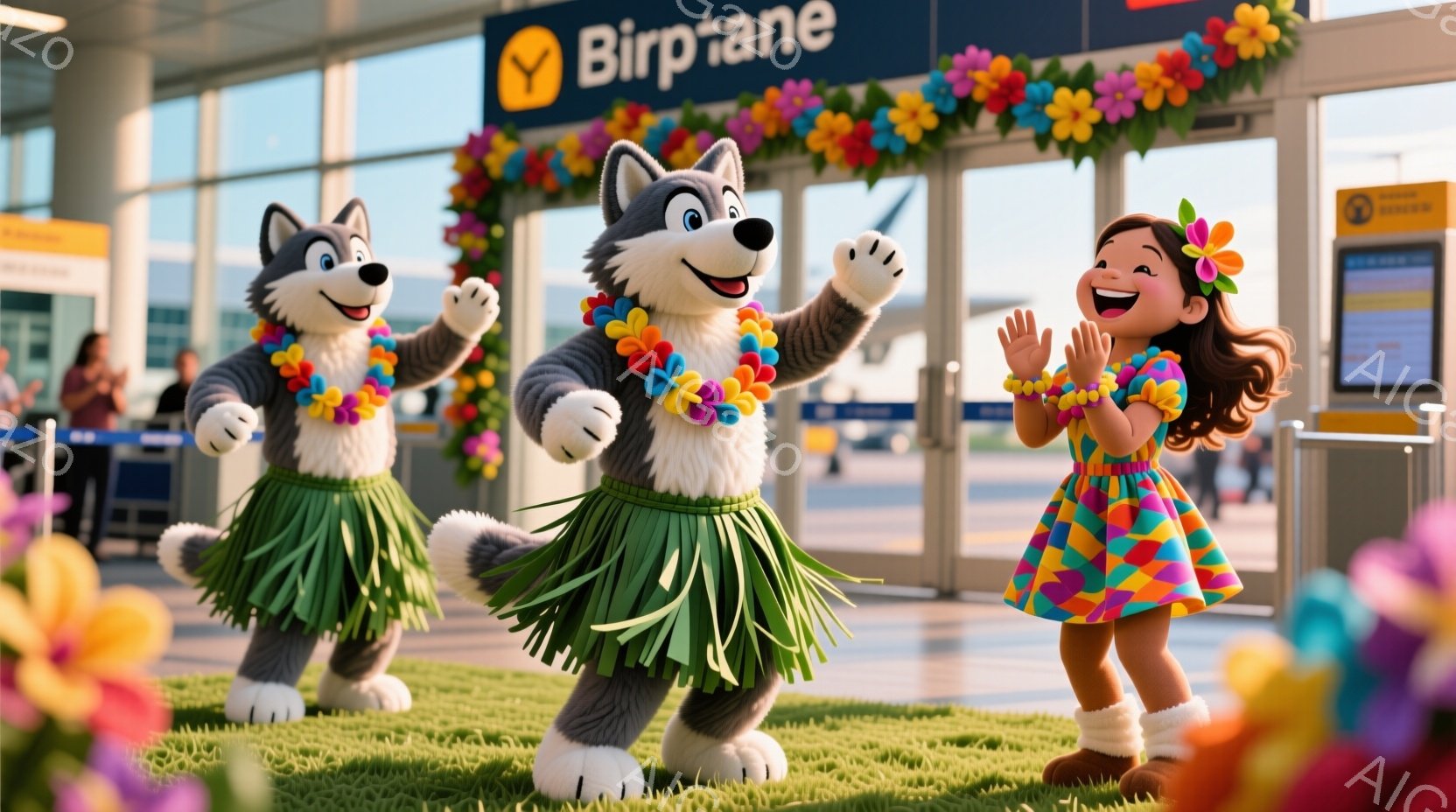 緑の芝生の上で踊っている2匹のハワイ風の犬と、笑顔で手を叩いている若い女の子が写っています。犬たちはレイを身につけ、フリル付きのスカートをはいており、女の子はカラフルなスカートと白い靴下を履き、髪には - AI生成フリー素材