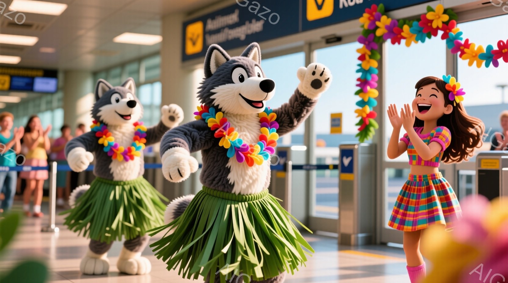 空港でハワイアンダンスをするオオカミの着ぐるみのキャラクターと、それを歓迎する若い女性の様子を描いています。女性は明るい色のトップスとチェック柄のスカートを着て、髪をポニーテールにしています。空港のゲートを背景に、キャラクターたちはレイを身につけ、踊りながら歓迎の雰囲気を盛り上げています。全体的に明るく楽しい雰囲気で、ハワイへの旅行の歓迎シーンが表現されています。