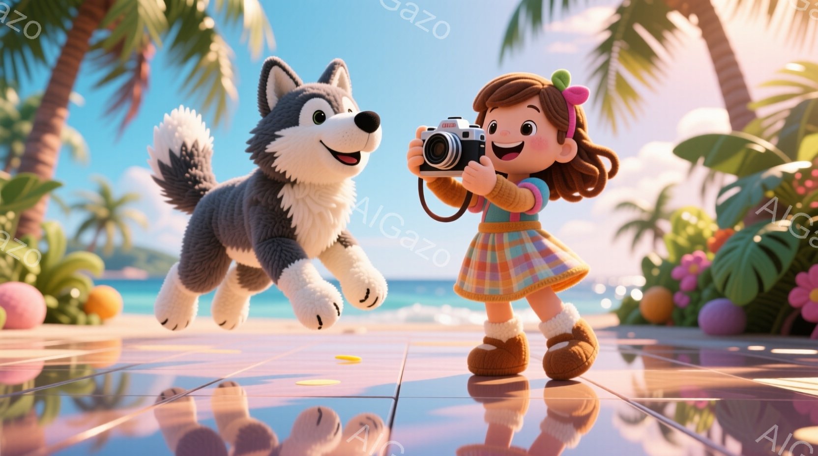 明るい日差しの下、幼い女の子がカメラを持ってポーズをとっています。彼女はオレンジ色の髪をポニーテールにし、チェック柄のスカートとオレンジ色のセーターを着ています。背景にはヤシの木が生い茂り、青い海と空が広がっており、元気で楽しい雰囲気が漂っています。