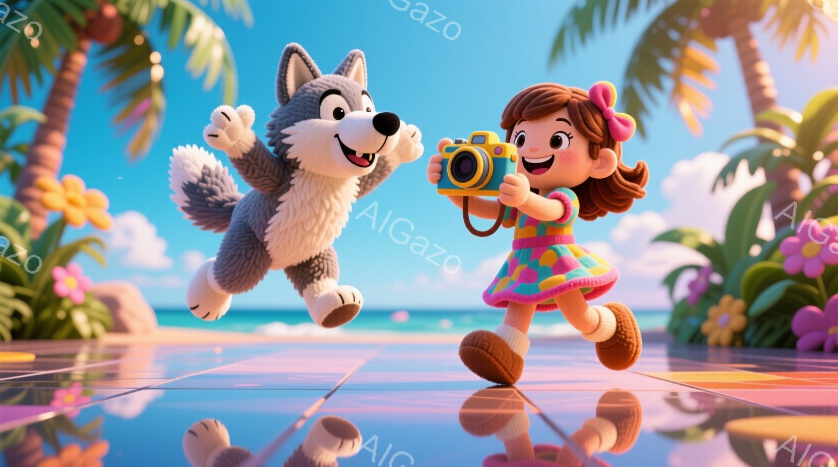 明るいピンク色のタイル張りの歩道を、少女がカメラを持って駆けている。彼女は明るい茶色の髪をポニーテールにし、ピンクと緑のカラフルなワンピースと茶色のブーツを履いている。背景には、ヤシの木が生い茂り、青 - AI生成フリー素材