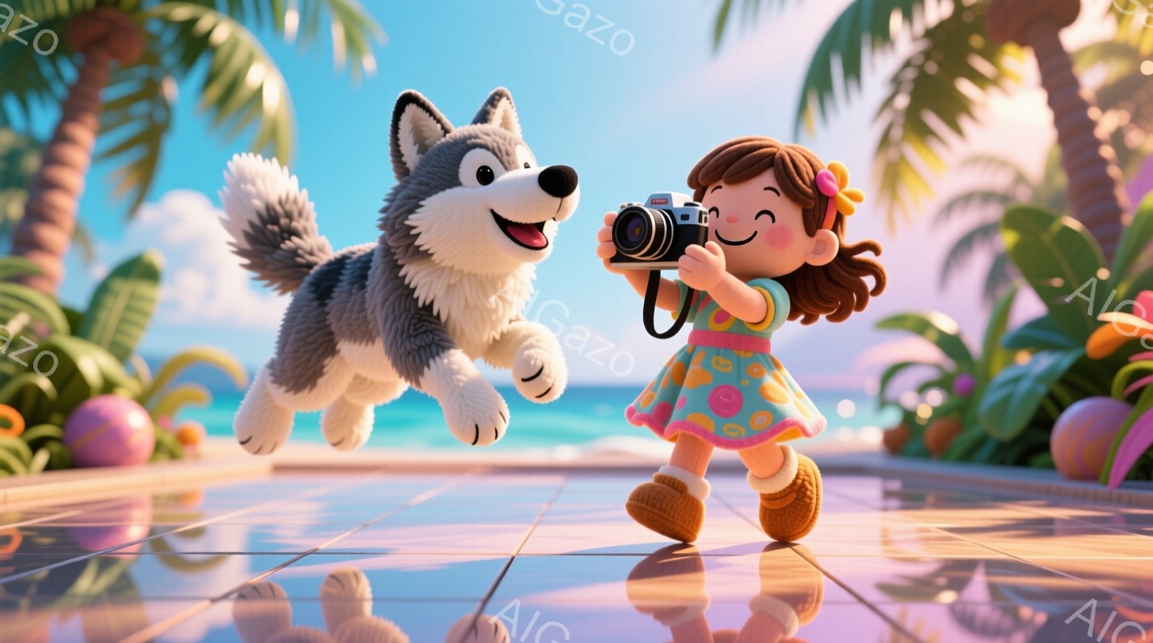 明るいピンク色のワンピースに、茶色のブーツを履いた少女が、片手にカメラを持って楽しそうに歩いている。彼女の髪は茶色で、頭には小さな花飾りをつけており、笑顔が印象的だ。背景には、ヤシの木が生い茂り、青い - AI生成フリー素材