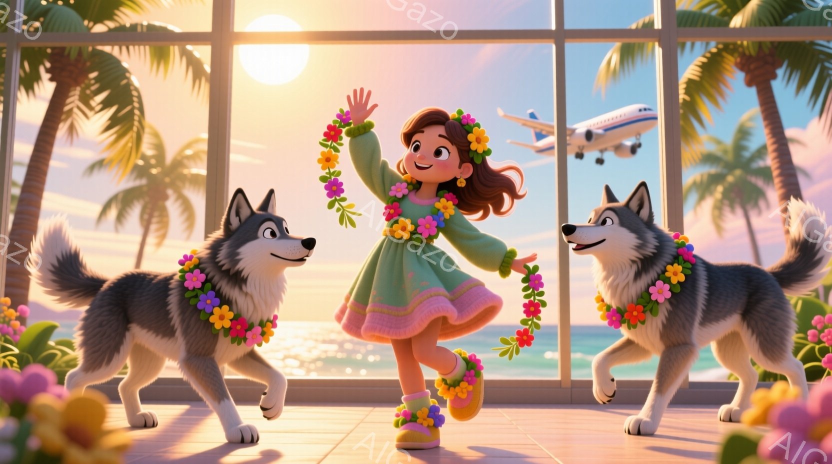 少女は明るい緑色のドレスとピンク色の縁取りが施されたスカート、そして黄色い靴を履いて、嬉しそうに両手を上げて跳ねています。彼女は花輪を首にかけており、髪は茶色でゆるくカールしています。背景には、ヤシの木が生い茂るビーチ、青い海、そして離陸する飛行機が見え、温かく、楽しげな雰囲気を醸し出しています。