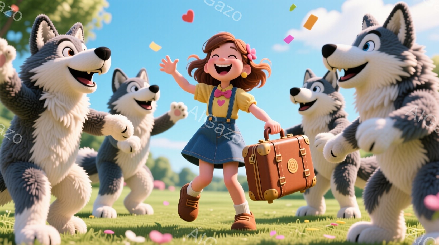 明るい緑の草原で、赤い髪をツインテールにした少女が、古風なスーツケースを持って走り出しています。彼女はピンクの髪飾りをつけ、笑顔で両手を広げ、周囲を囲む四匹の立派なハスキー犬たちに囲まれています。背景には青空とまばらに咲く花々が広がり、陽気で楽しい雰囲気を醸し出しています。