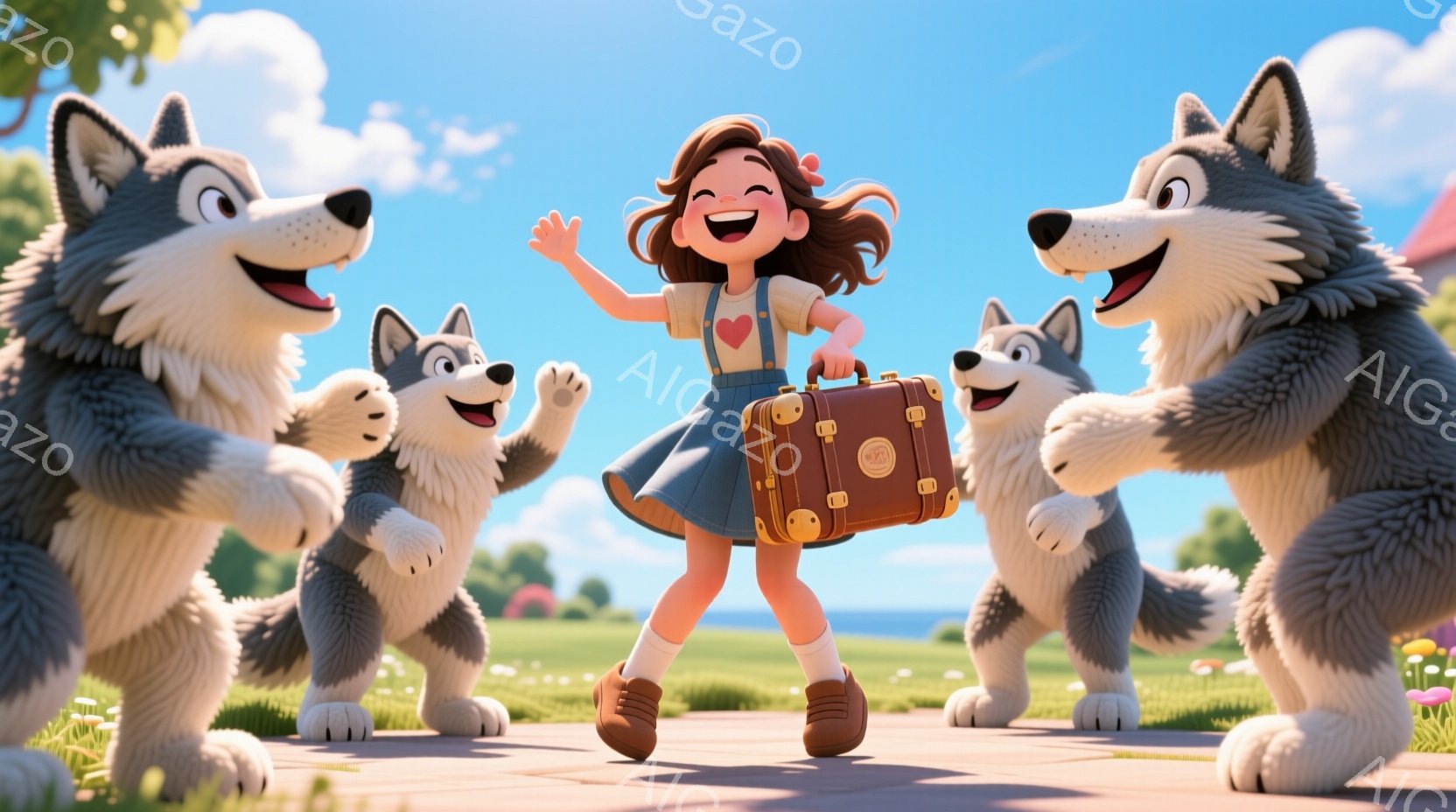 茶髪の少女が、肩から斜めがけにしたバッグを持って、嬉しそうにジャンプしている。彼女は水色のワンピースと茶色のブーツを履いており、周囲には灰色の狼たちが笑顔で取り囲んでいる。背景には緑豊かな草地とカラフルな家々が見え、晴天の下、明るく楽しい雰囲気が漂っている。
