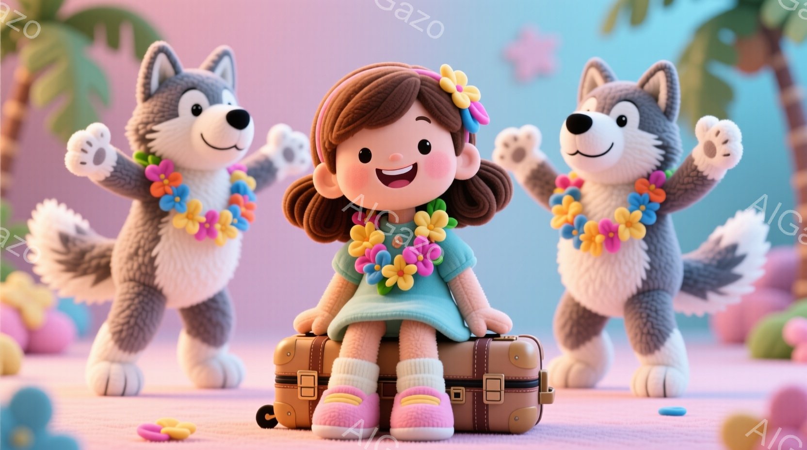 明るいピンクと紫がかった背景に、茶色の巻き毛の少女が座って、水色のワンピースとピンクの靴下とスニーカーを履いています。彼女は笑顔で、両脇にはレイをかけた、立っている2匹のハスキー犬がいます。背景にはヤシの木が見え、全体的に暖かく、幸せな雰囲気で、まるで夏休みのような光景です。