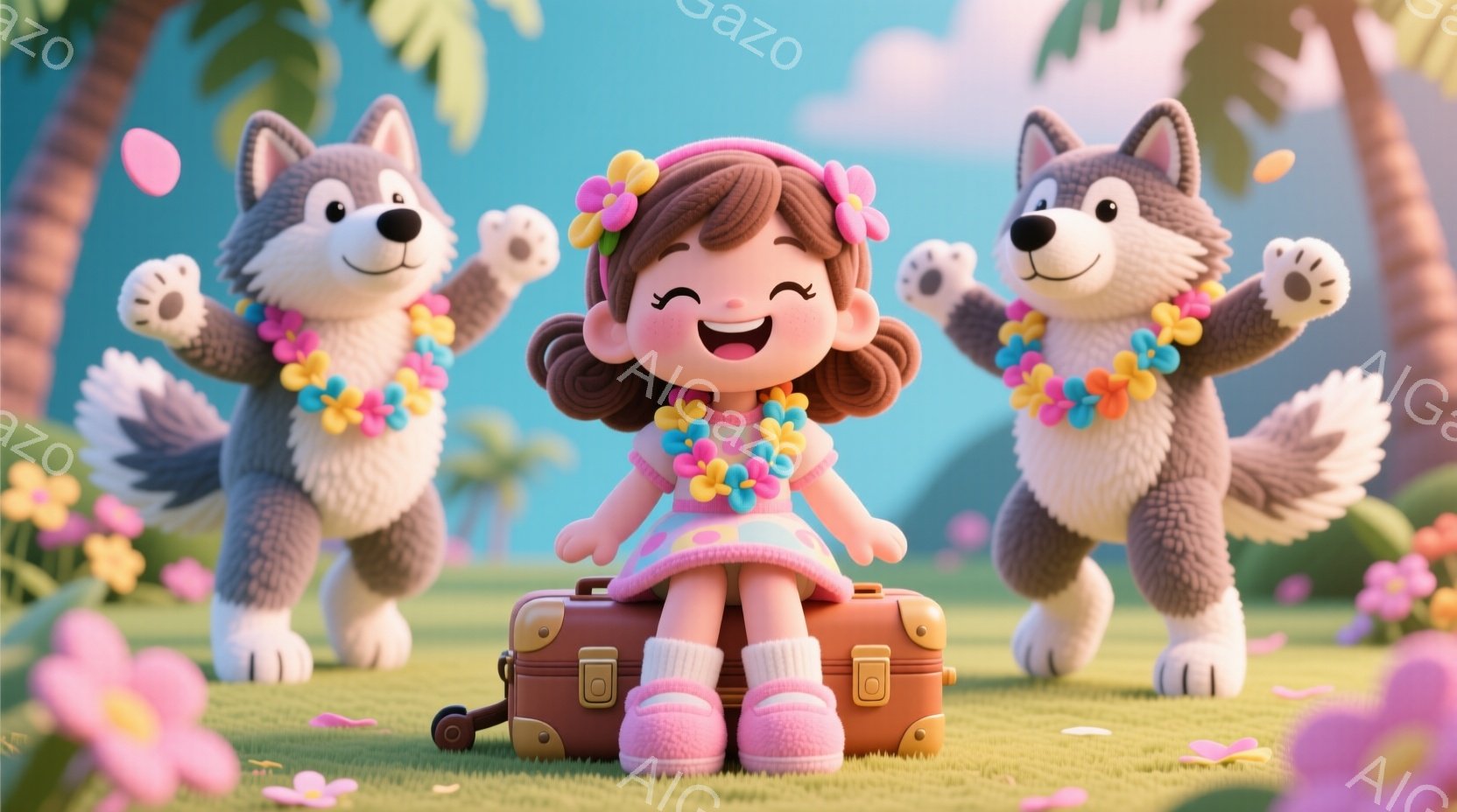 明るい緑の芝生の上に、ピンク色のドレスとふわふわの靴を履いた少女が座っており、大きな茶色のトランクの上に足を組んでいます。彼女は巻き毛の髪をしており、顔には幸せな笑顔が浮かび、首にはカラフルな花のレイ - AI生成フリー素材