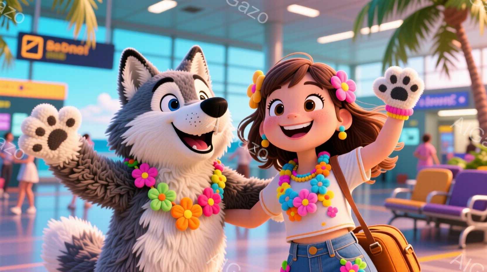 灰色の狼のキャラクターと少女が、レイを身に着けて肩を並べて立っています。少女は茶色の巻き毛で、白いシャツ、デニムのショートパンツ、そして肩に茶色のバッグをかけています。背景は空港の内部で、椅子や植物、そして「BONJOUR」と書かれたサインが見え、全体的に明るく陽気な雰囲気です。