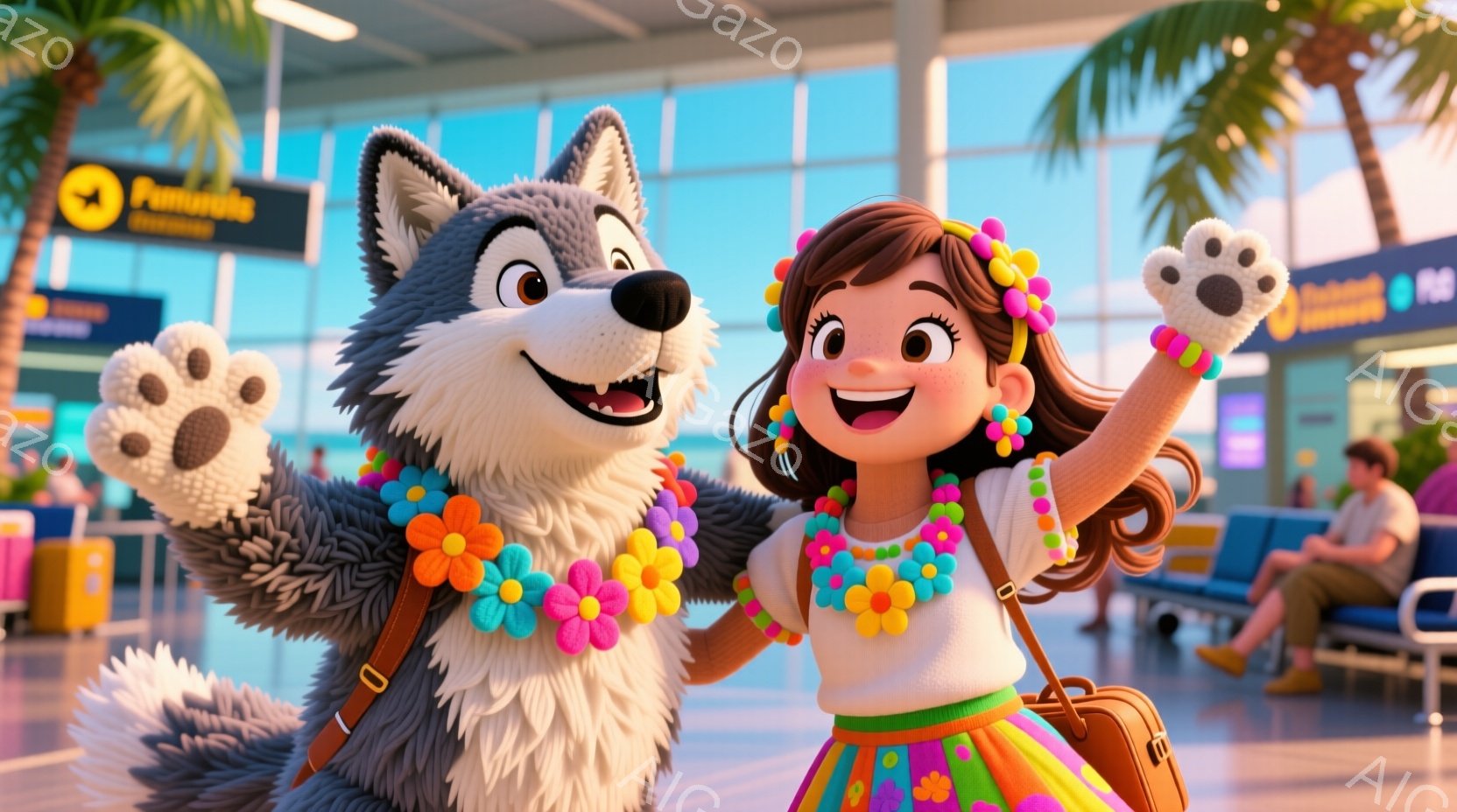 明るい空港のロビーで、灰色の狼の着ぐるみのキャラクターと少女が写っています。少女は花柄のレイを首にかけ、白いシャツにカラフルなスカートを着用し、陽気な表情で両手を上げています。背景には空港の案内表示や座席、そしてヤシの木が見え、全体的に陽気で旅行気分を盛り上げるような雰囲気です。