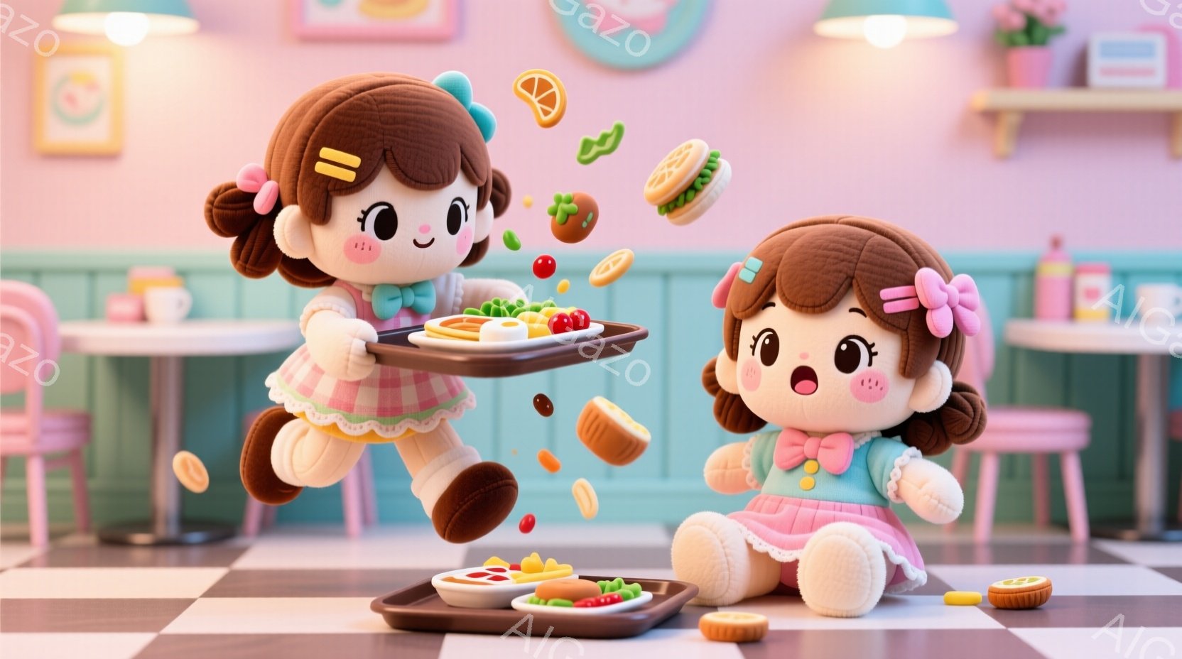 ふわふわした毛並みの女の子の人形が二人、明るいピンクとターコイズブルーを基調とした、レトロな雰囲気のカフェにいる。片方の人形はピンクのフリルスカートと水色のトップスを着て、空中で食事のトレーを運んでいる。もう片方の人形は同じ服装で、床に座って笑顔を見せている。