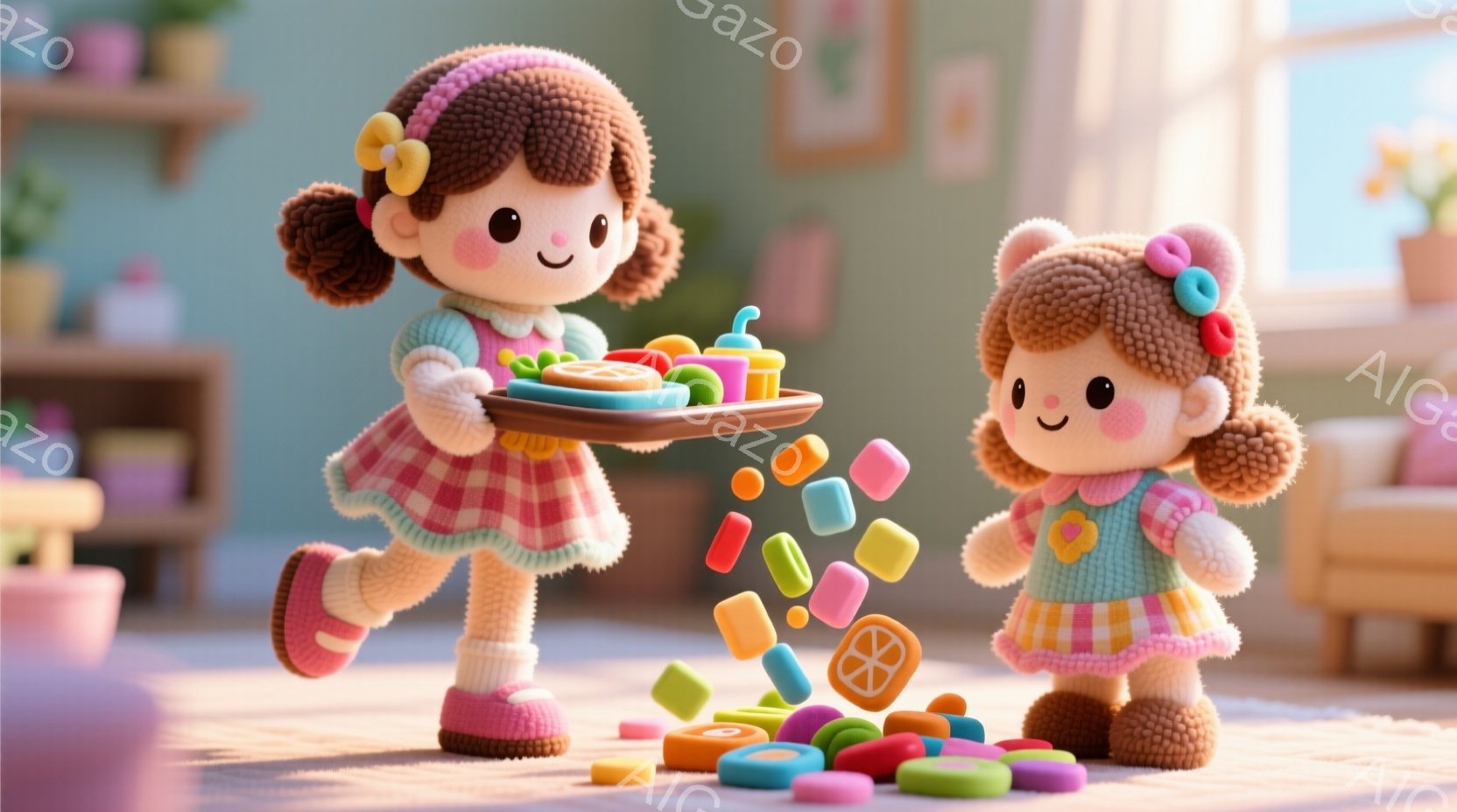 ふわふわの髪を二つのかわいい結び目にまとめた女の子が二人描かれています。一人はピンクと白のギンガムチェックのワンピースを着て、お菓子が並んだお皿を持っており、もう一人は同じ服装で、お菓子が散らばっている中で膝をついています。背景は明るいパステルカラーの部屋で、おもちゃや家具があり、温かく遊び心のある雰囲気を醸し出しています。