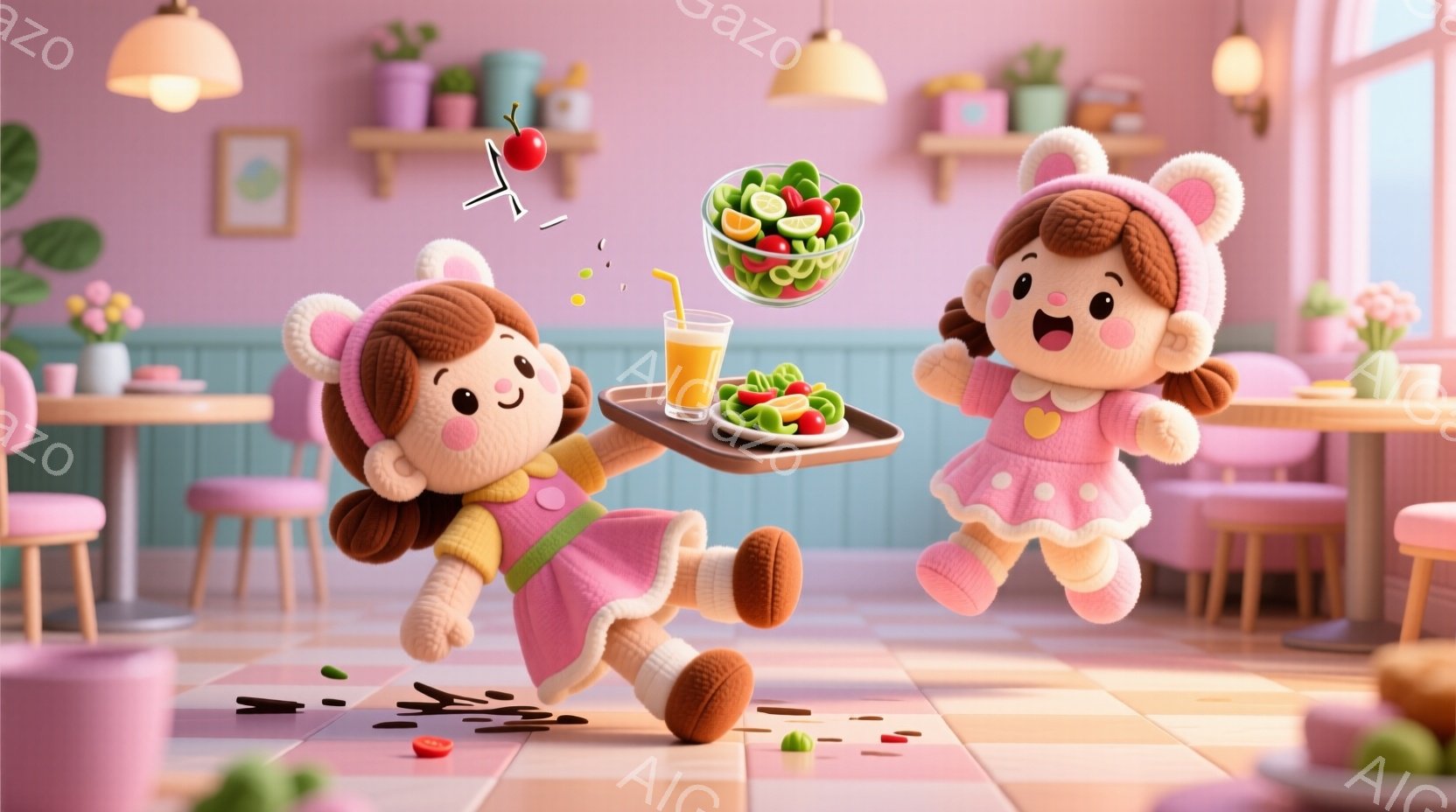 明るいピンクと水色の背景に、同じ姿の女の子が二人描かれています。両者とも茶色の巻き毛に、ピンクのワンピースとクリーム色の帽子をかぶり、顔には笑顔が浮かんでいます。一人はサラダボウルとオレンジジュースを乗せたトレイを持って走り、もう一人はサラダがこぼれた床を走り去っています。