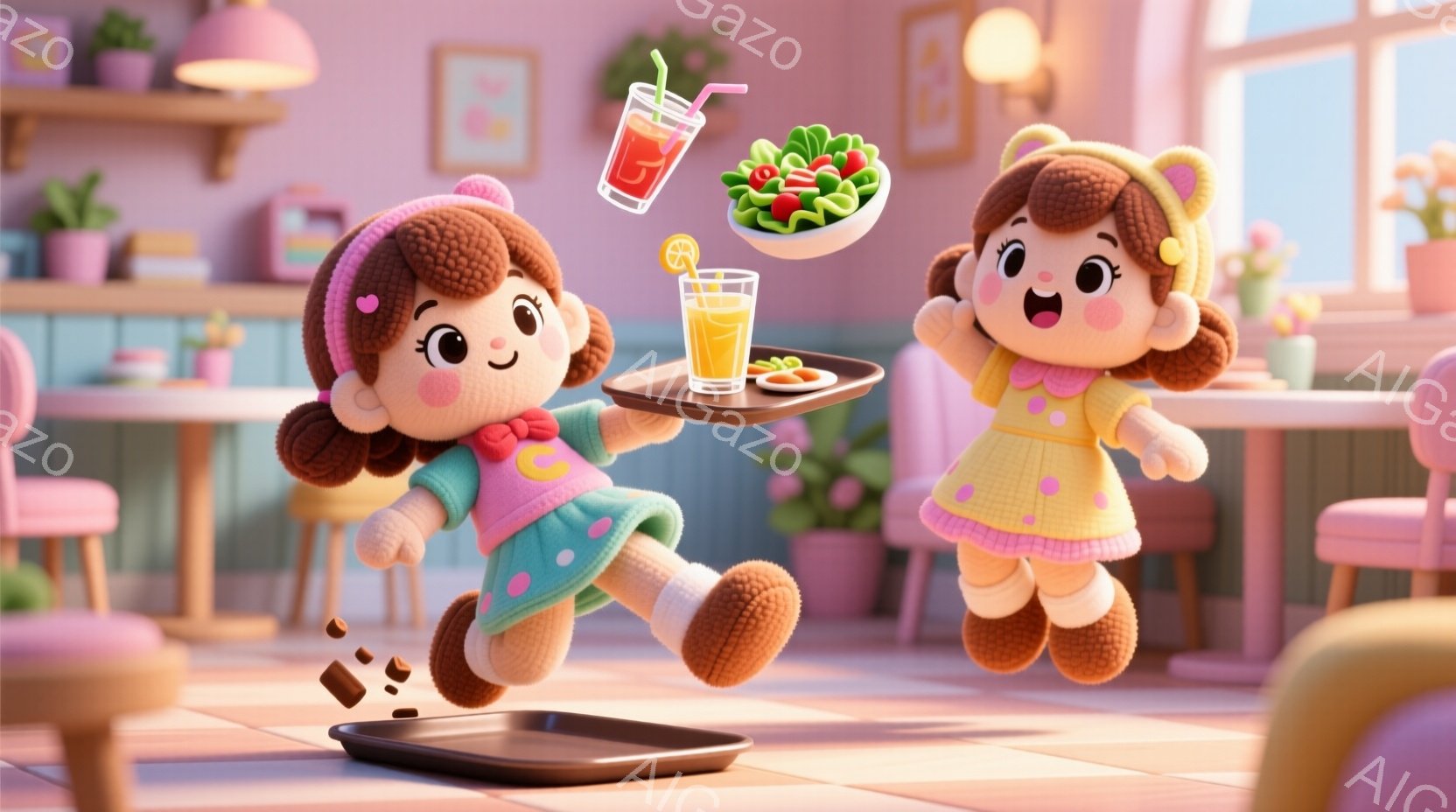 ふわふわとした質感の女の子が二人、レストランのような場所で描かれています。片方の女の子はピンクと水色の水玉模様の服を着ており、サラダとオレンジジュースを乗せたトレイを手に、少しよろめきながら走っています。もう一方の女の子は黄色のワンピースを着ており、楽しそうな笑顔を浮かべています。