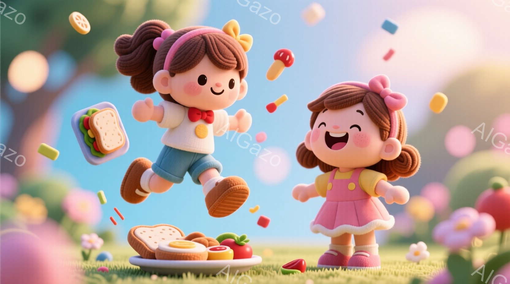 明るい緑の草原を背景に、2人の可愛らしい女の子が描かれています。彼女たちは、明るい茶色の巻き毛の髪型で、それぞれ赤いリボンをつけています。笑顔で、一人はジャンプし、もう一人はプレートに盛られたサンドイッチや果物などの食事を前に立っています。