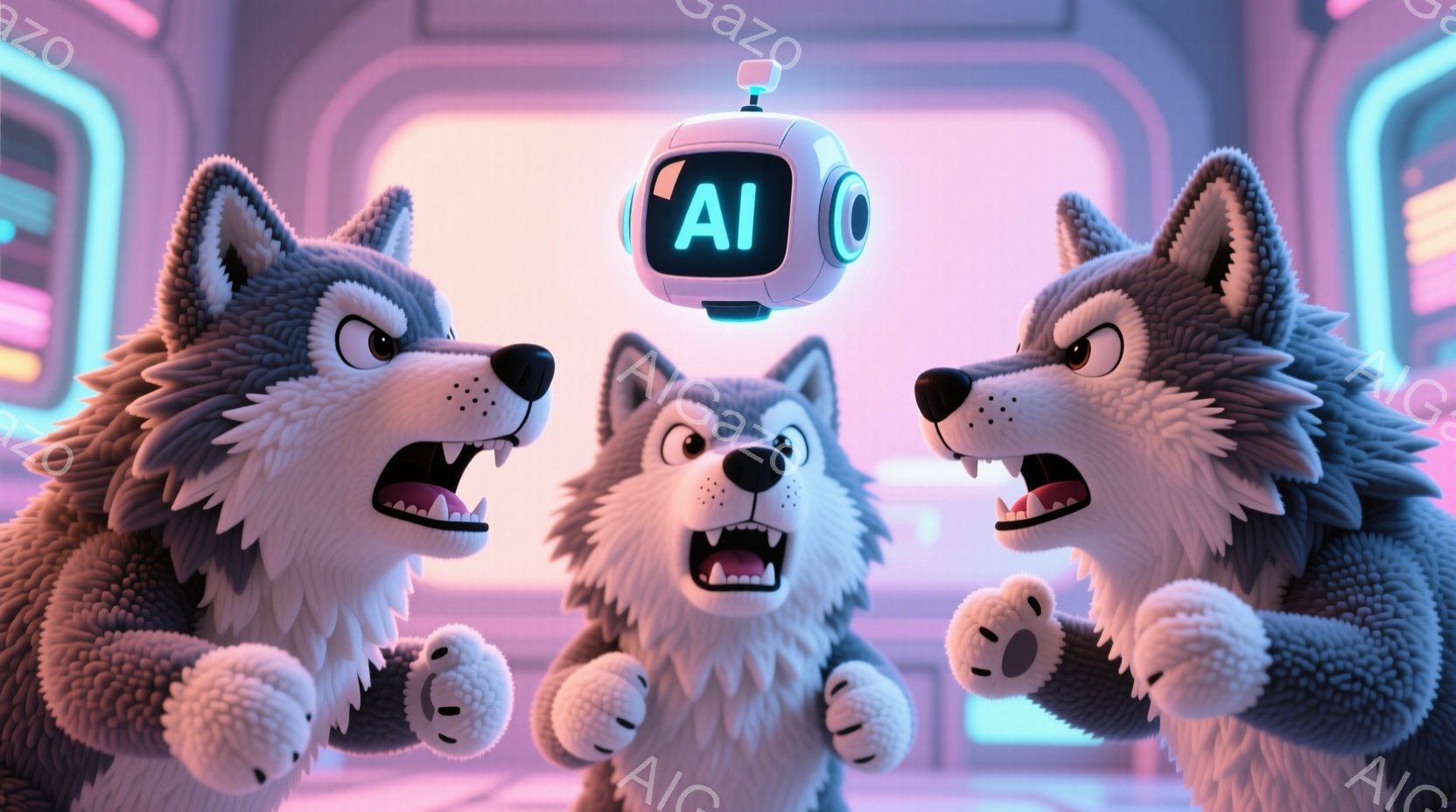3匹の毛むくじゃらの狼のキャラクターが写っています。彼らは互いに向き合い、歯をむき出しにして唸っているような表情をしています。背景は未来的な青と紫の色調の廊下のようで、SF映画のような雰囲気を醸し出しています。