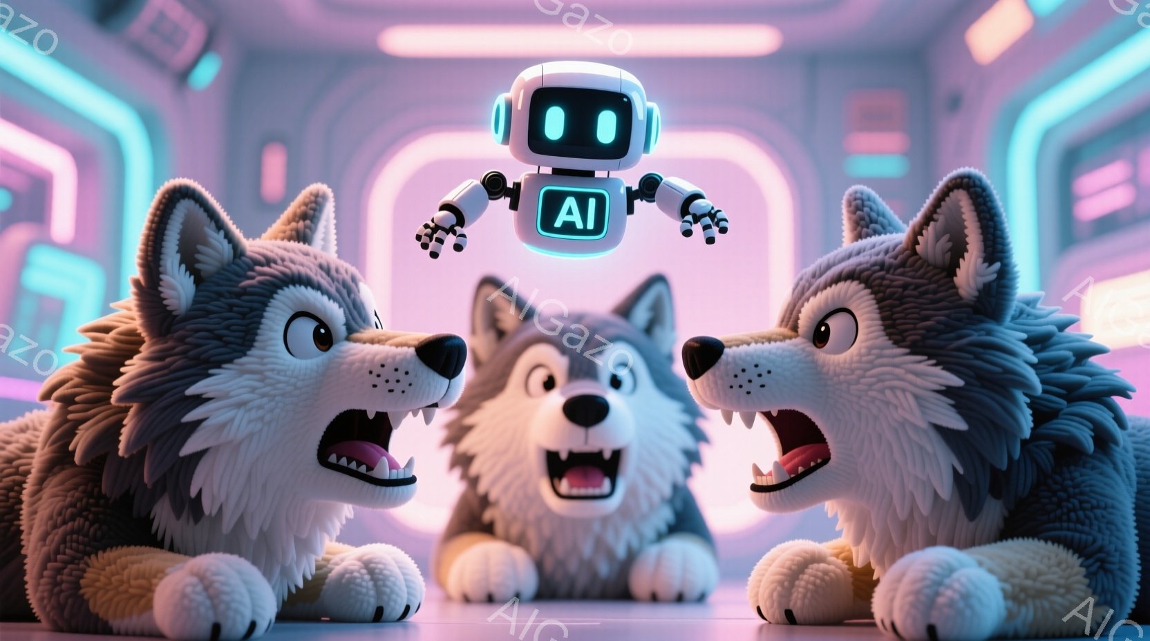 三匹の愛らしい狼が、明るい紫色と青色の背景の中で描かれています。中央の狼は大きく口を開けており、両脇の狼も同様に、まるで叫んでいるかのような表情をしています。背景は未来的な廊下のようで、蛍光色の光が通路を照らし、全体的に陽気で少し奇抜な雰囲気を作り出しています。