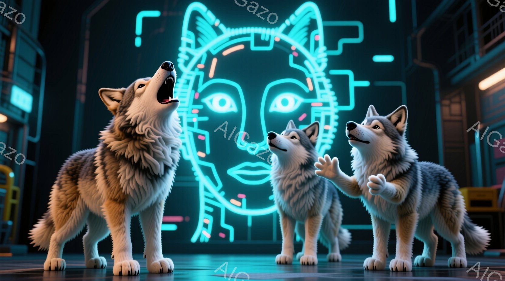 未来的な室内空間で、３匹のオオカミが描かれています。中央のオオカミは前足を上げており、他の２匹はそれぞれ吠えたり、少し顔を傾けて注意深く見ているようです。背景にはネオンライトで描かれた顔のシルエットがあり、全体的にサイバーパンク風の、少し神秘的な雰囲気が漂っています。
