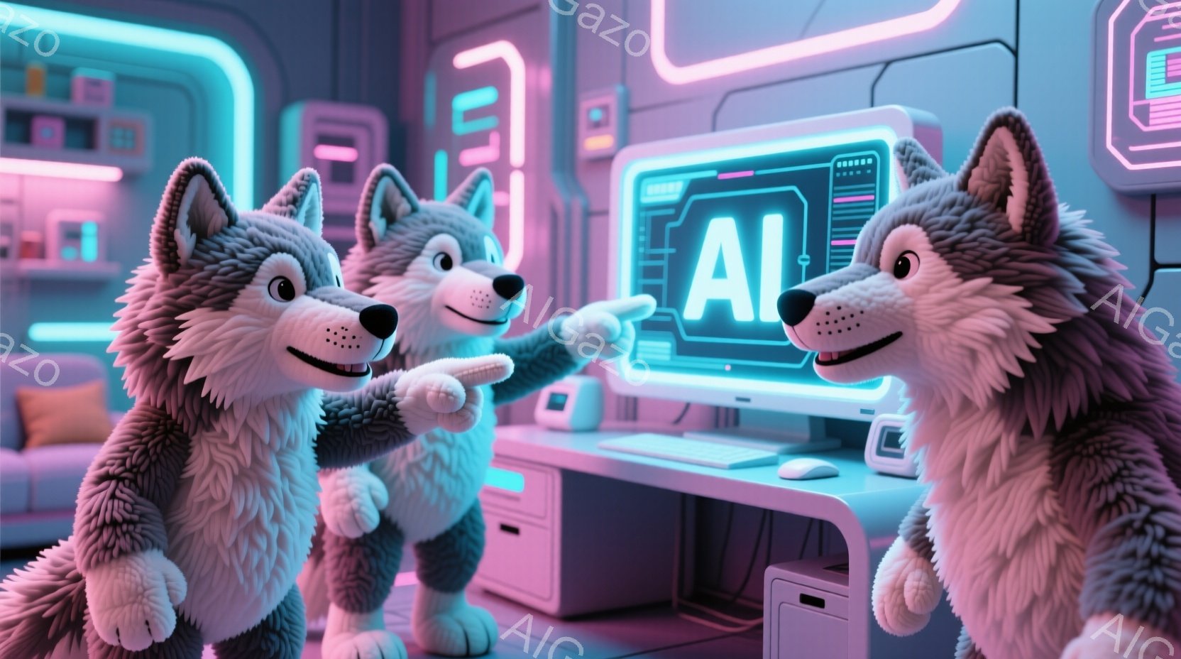 ハスキー犬を擬人化したキャラクターが2匹描かれています。彼らはピンクと水色の光が照らす未来的な部屋で、AIと表示されたコンピューター画面を指差しており、驚きと興味を示す表情をしています。部屋は光るネオンカラーで装飾され、全体としてSF的な未来感と楽しげな雰囲気を醸し出しています。