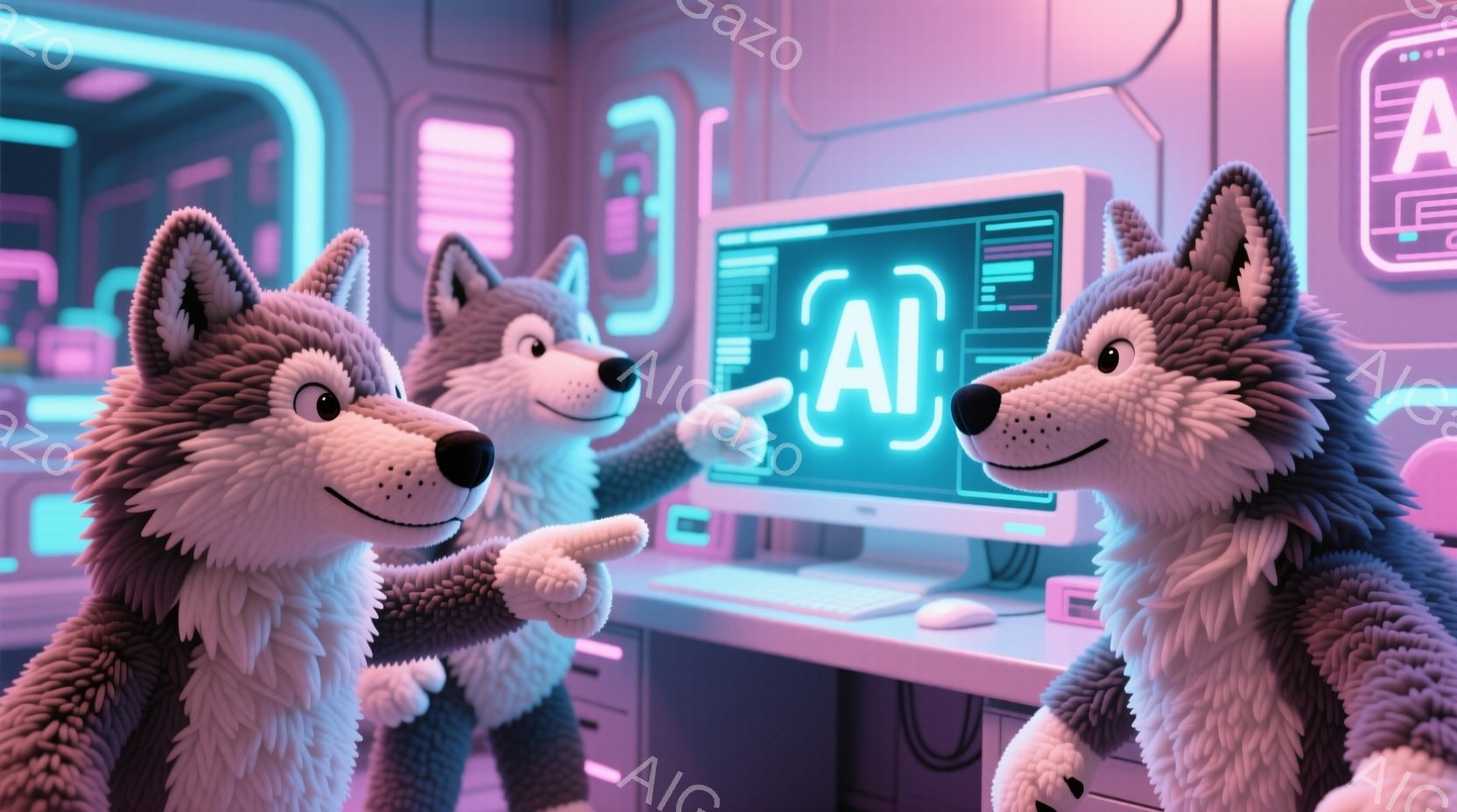 コンピュータの前に座っている2匹のふわふわしたオオカミが描かれています。彼らは片手でコンピュータの画面を指し、驚いたような表情をしています。背景は未来的な青と紫の光で満たされた部屋で、コンピューターやその他の技術機器が配置されています。