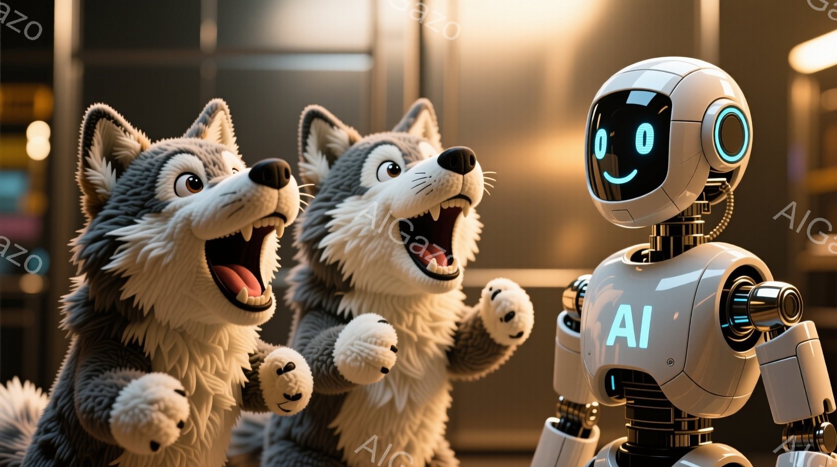 2匹の狼のキャラクターが、大きく口を開けて笑っており、興奮した表情をしています。右には、白を基調としたロボットが立っており、デジタル表示の顔で穏やかな表情を浮かべています。「AI」と書かれた胸部のプレートが特徴的です。背景はぼやけていますが、近代的な建物の一部が見え、全体的に明るく、遊び心のある雰囲気です。