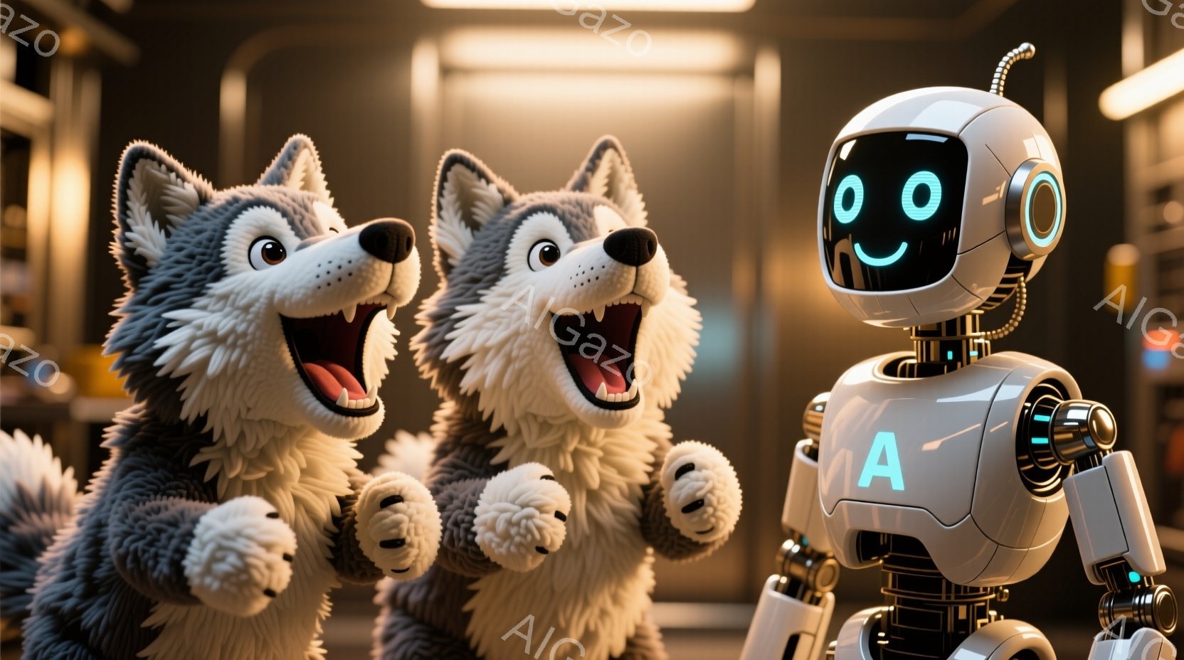 2匹の可愛らしいハスキー犬と、未来的なロボットが写っています。ハスキー犬たちは嬉しそうに口を開け、両手を広げて興奮した表情をしています。背景は金属製の壁とパイプで構成されており、SF映画のような未来的な雰囲気です。