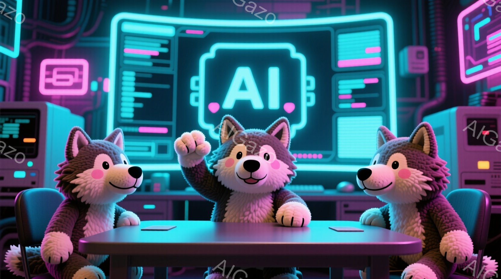 青いテーブルを囲んで座った３匹のかわいい柴犬が描かれています。中央の柴犬は片手を挙げており、他の２匹は正面を向いて微笑んでいます。背景は未来的なコントロールパネルとネオンライトで飾られ、全体的に明るくテクノロジーを感じさせる雰囲気です。