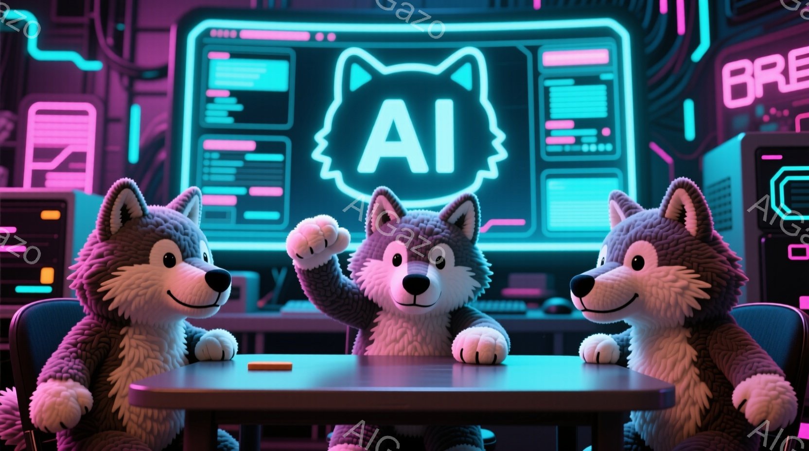 三匹のぬいぐるみのような狼がテーブルを囲んで座っており、中央の狼は片手を上げています。背景にはネオンライトで照らされた電子機器や配線が複雑に絡み合い、まるで未来的なコントロールルームのようです。全体的に、鮮やかな色彩とデジタルな雰囲気が、テクノロジーと可愛らしさを融合させた印象を与えます。