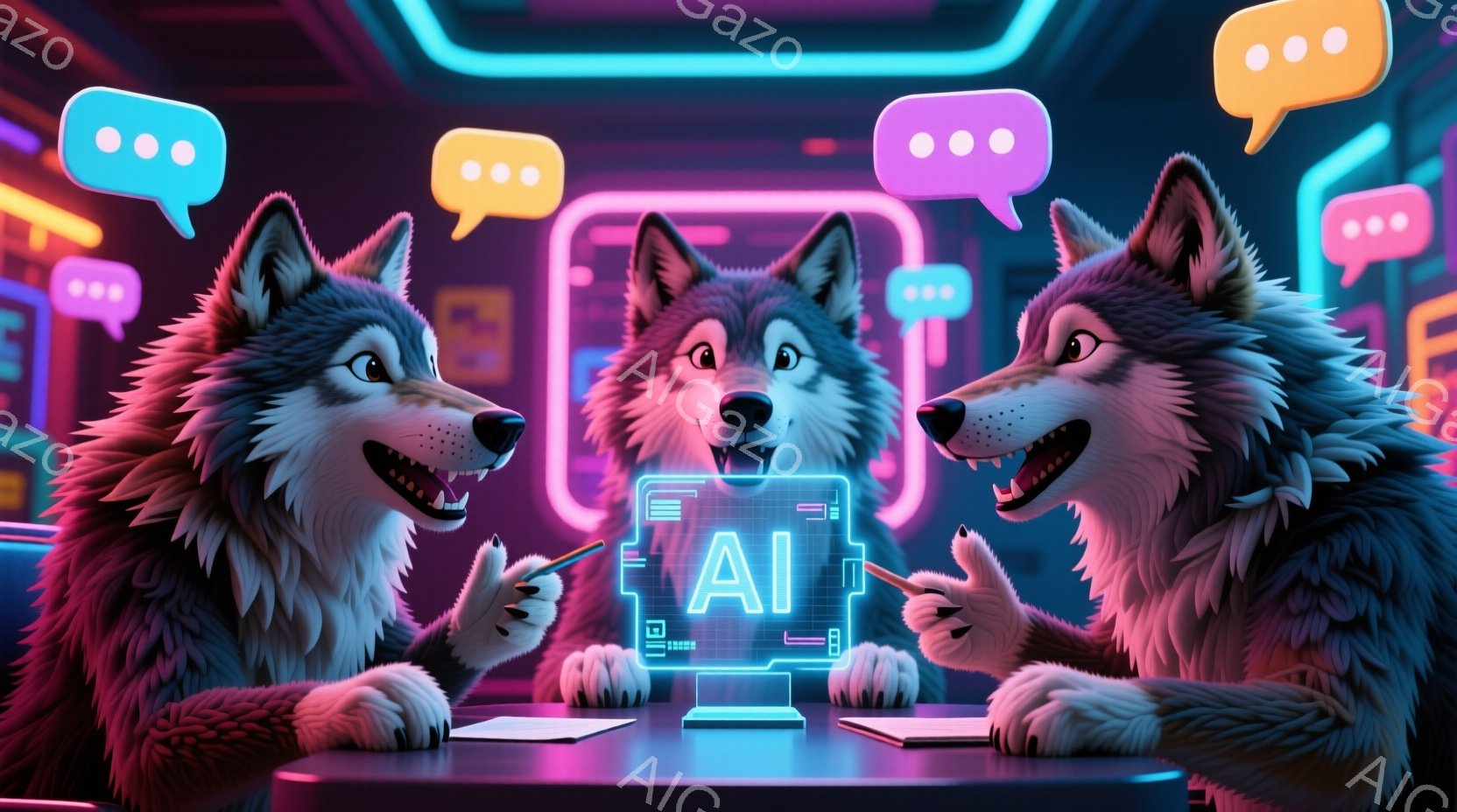 三匹の狼がテーブルを囲み、光る画面を指差している。狼たちは濃いグレーの毛並みで、少し笑ったような表情をしており、未来的な青い光に照らされた室内で、活気に満ちた雰囲気を作り出している。背景には、鮮やかなネオンライトが走るサイバーパンク風の装飾が施されている。