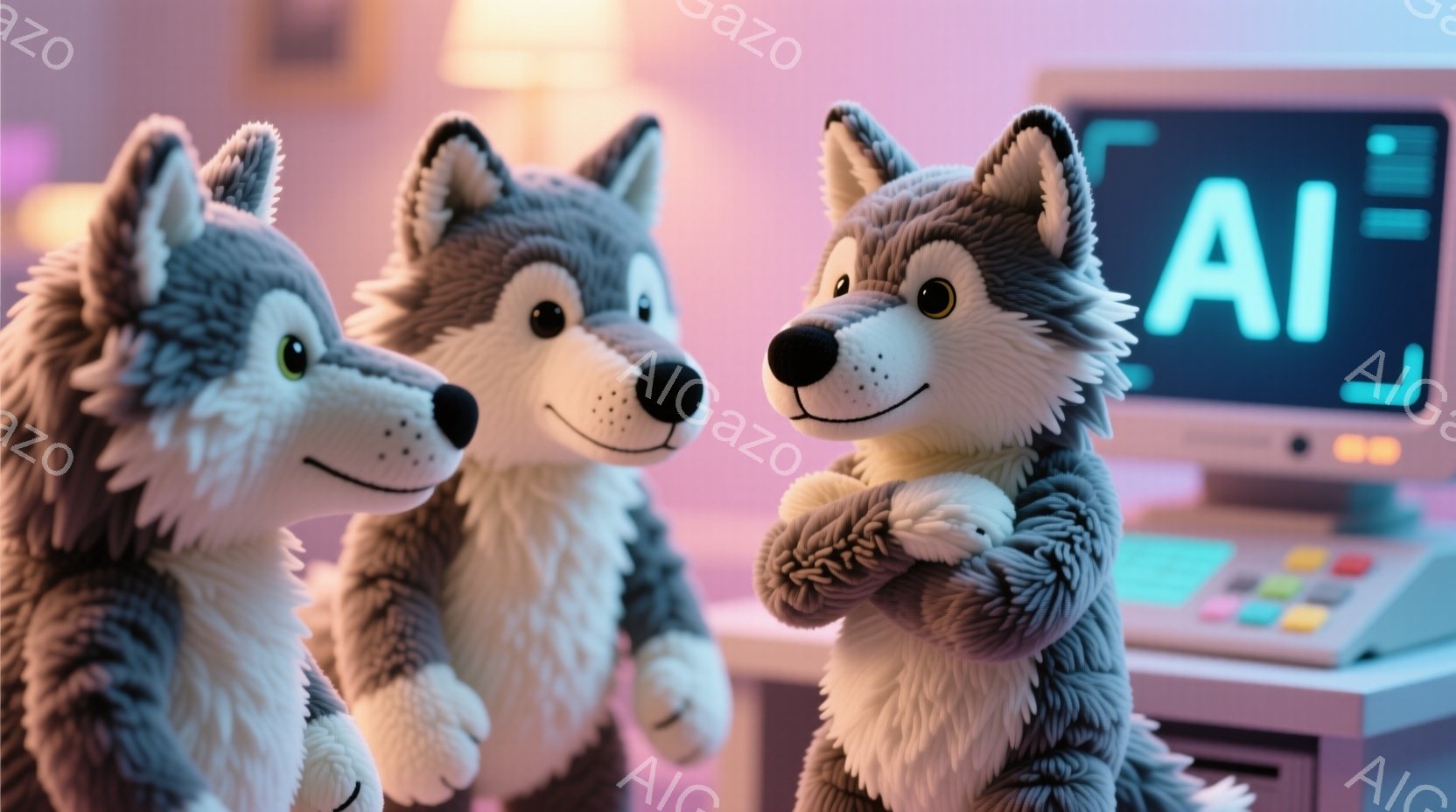ふわふわのハスキー犬のぬいぐるみ２匹が、腕組みをして立っている。背景にはコンピューターモニターがあり、「AI」という文字が表示されているほか、カラフルなボタンが並んだ機械もある。全体的に、明るく温かい雰囲気で、どこかユーモラスな印象を受ける。