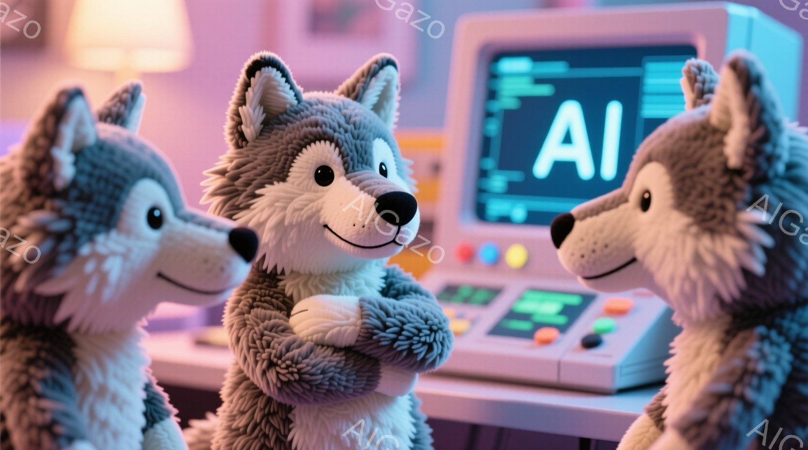 3匹のふわふわした狼のぬいぐるみと、背後にコンピュータが写っています。中央の狼は腕を組んで自信のある表情を浮かべており、他の2匹は左右に少し顔を傾けています。背景には、コンピュータの画面にコードが表示され、レトロなゲームコントローラーが置かれ、全体的にデジタルとレトロな雰囲気が漂っています。