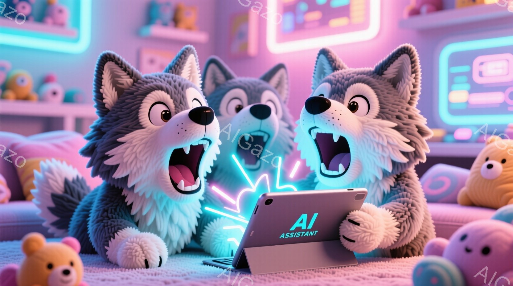 ぬいぐるみのような2匹の犬が、明るいピンクと紫色の背景のソファに座って驚いた表情でタブレットを見つめている。犬たちは口を開けて興奮しており、周りには様々な可愛らしいぬいぐるみが置かれている。全体的にパステルカラーで、遊び心のある、楽しい雰囲気が漂っている。
