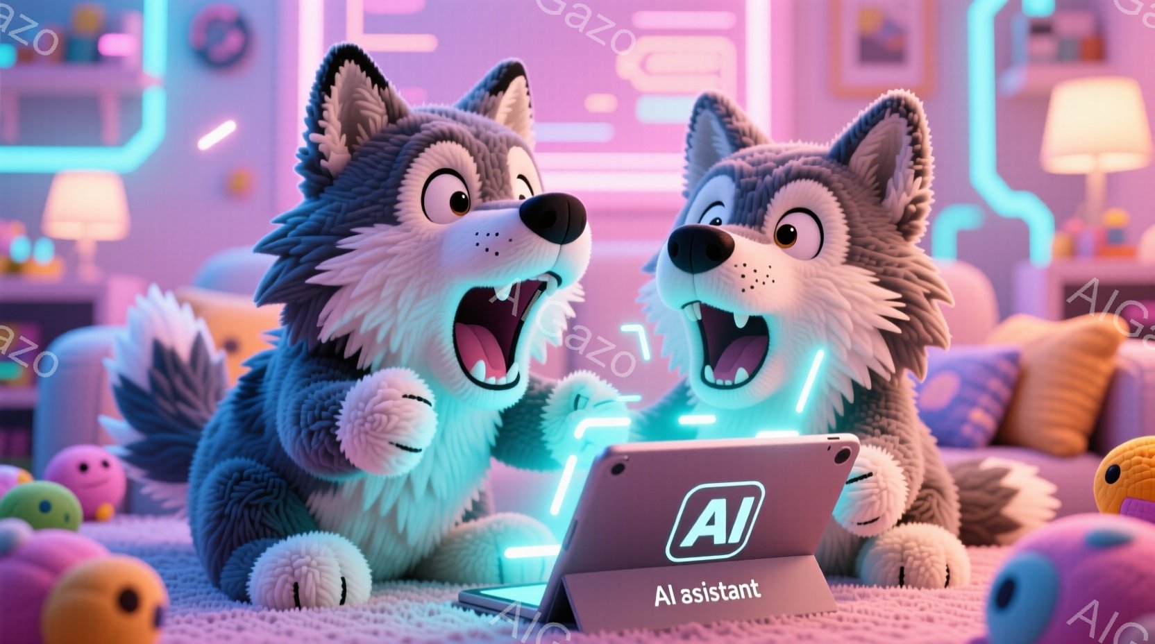 2匹のふわふわした黒い狼のキャラクターが、光るタブレットを見上げて興奮した表情をしています。背景にはパステルカラーの家具や、カラフルな装飾が配置され、おもちゃのような球体も散らばっています。全体的に明るく、陽気で、遊び心あふれる雰囲気です。