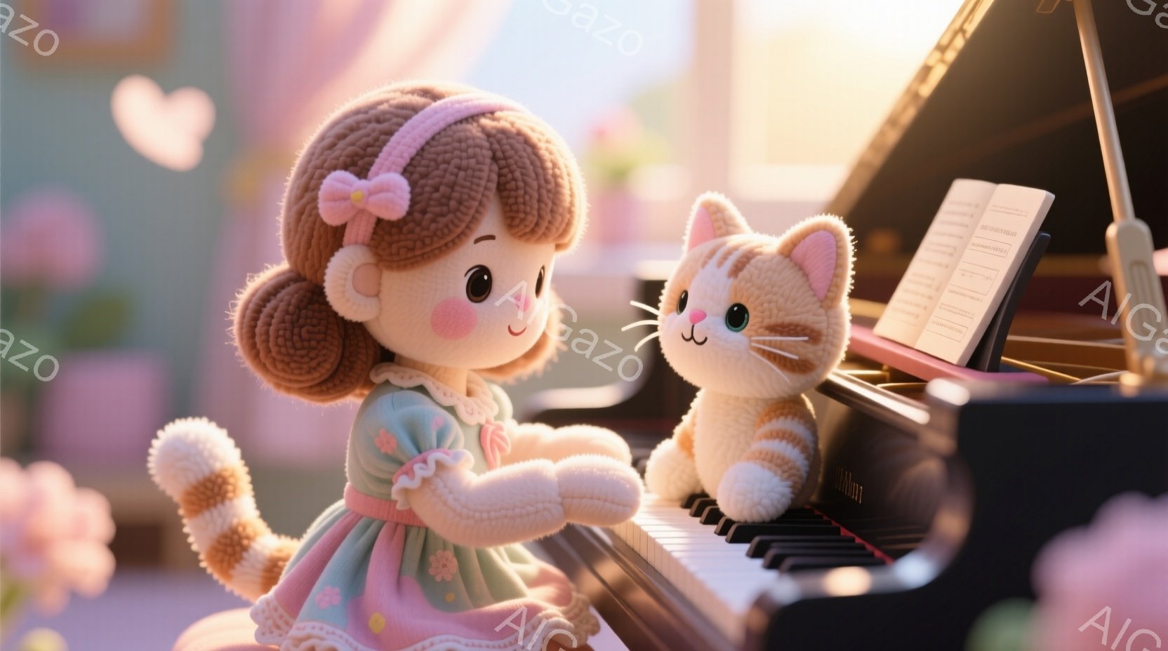 明るいピンク色の背景に、人形のような少女と猫がピアノの前に座っています。少女はカールした茶色の髪にピンクのリボンをつけており、水色のドレスを着ています。猫はオレンジ色で、まるで少女の隣で一緒に音楽を楽しんでいるかのようです。
