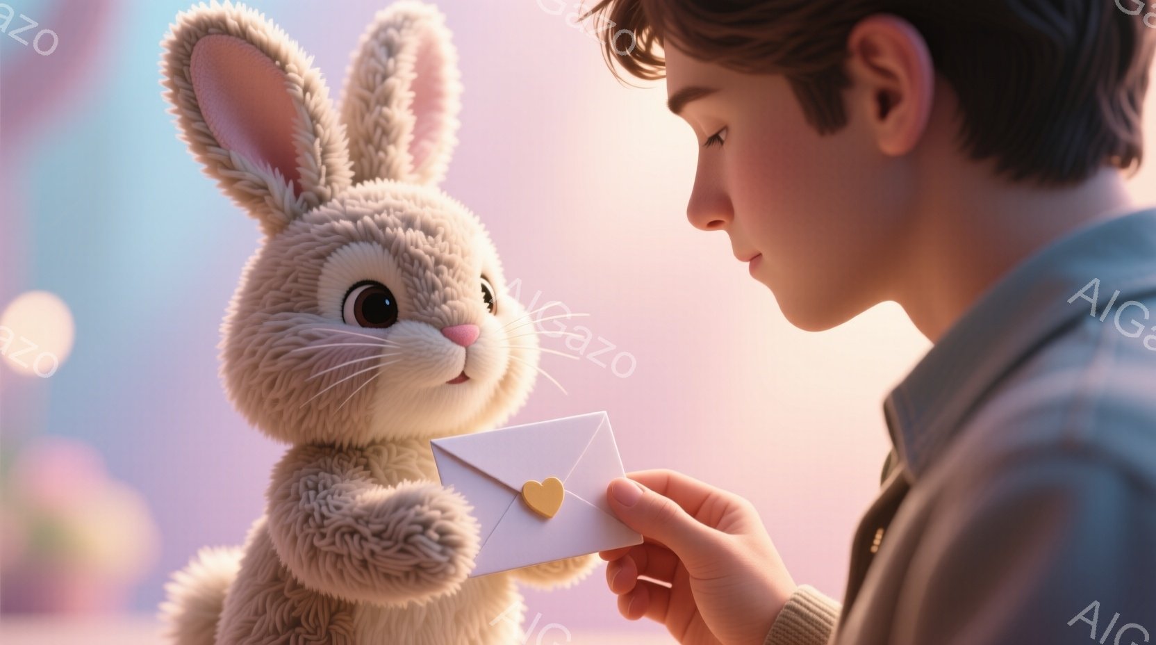 ふわふわのうさぎが、小さな白い封筒を男の子に差し出しています。男の子は茶色の髪で、紺色のジャケットを着ており、真剣な表情で封筒を受け取ろうとしています。背景はぼやけており、パステルカラーの光が暖かく、幻想的な雰囲気を作り出しています。