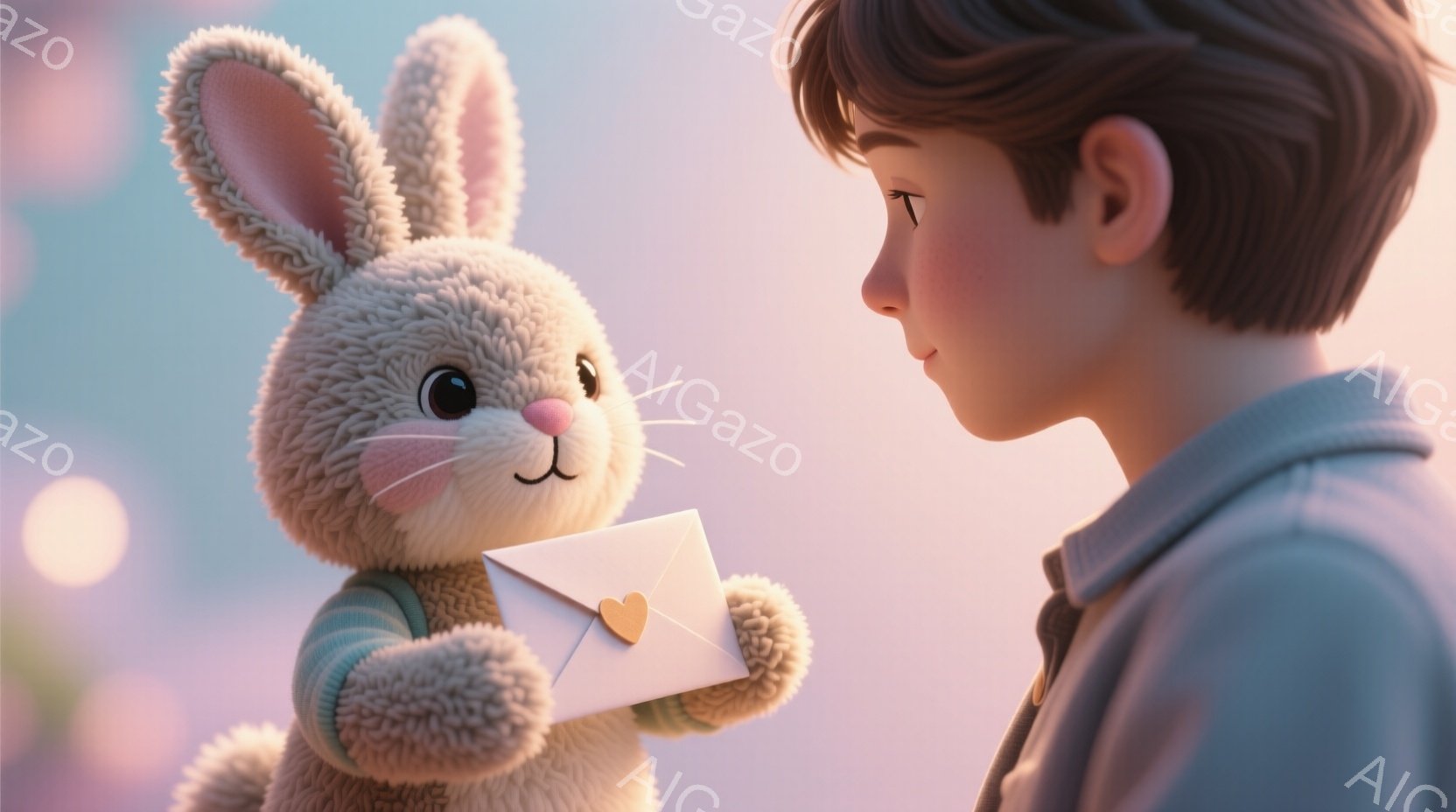 ふわふわの白いウサギのぬいぐるみは、緑と赤のボーダーのセーターを着て、ハートの付いた封筒を手渡そうとしています。少年は茶色の髪で、青いシャツを着ており、ウサギの方を優しい眼差しで見つめています。背景はぼやけたピンクと紫の色合いで、遠くにはぼんやりとした光が見え、暖かく、夢のような雰囲気を醸し出しています。