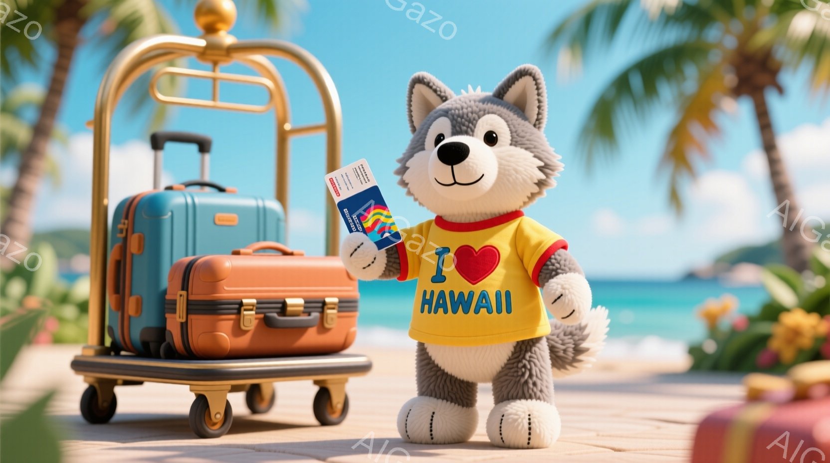 白と灰色の毛並みの犬のキャラクターが、鮮やかな黄色のTシャツを着て、片手に「I ❤️ HAWAII」と書かれたカードを持っています。背景には、オレンジ色のスーツケースが積まれたトロリーと、青い海、白い砂浜、ヤシの木が見え、晴天の楽園のような雰囲気が漂っています。キャラクターは正面を向き、友好的な表情で、旅行や休暇を楽しんでいる様子が伺えます。
